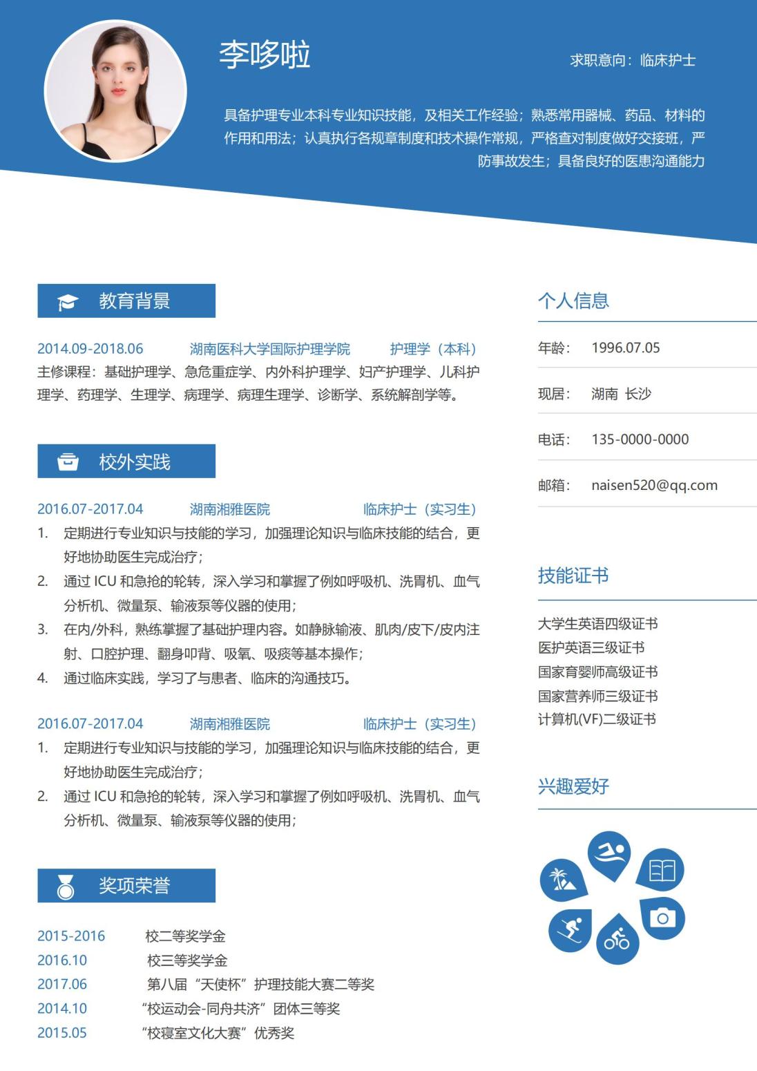 专业护士单页简历模板