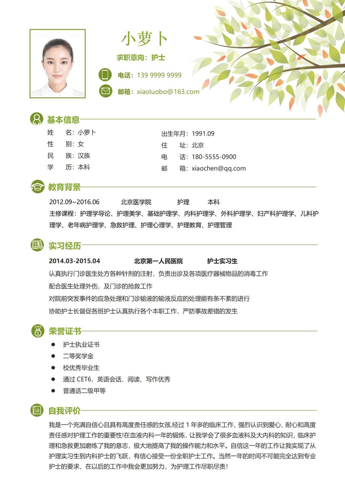 清爽系列护士4页简历模板