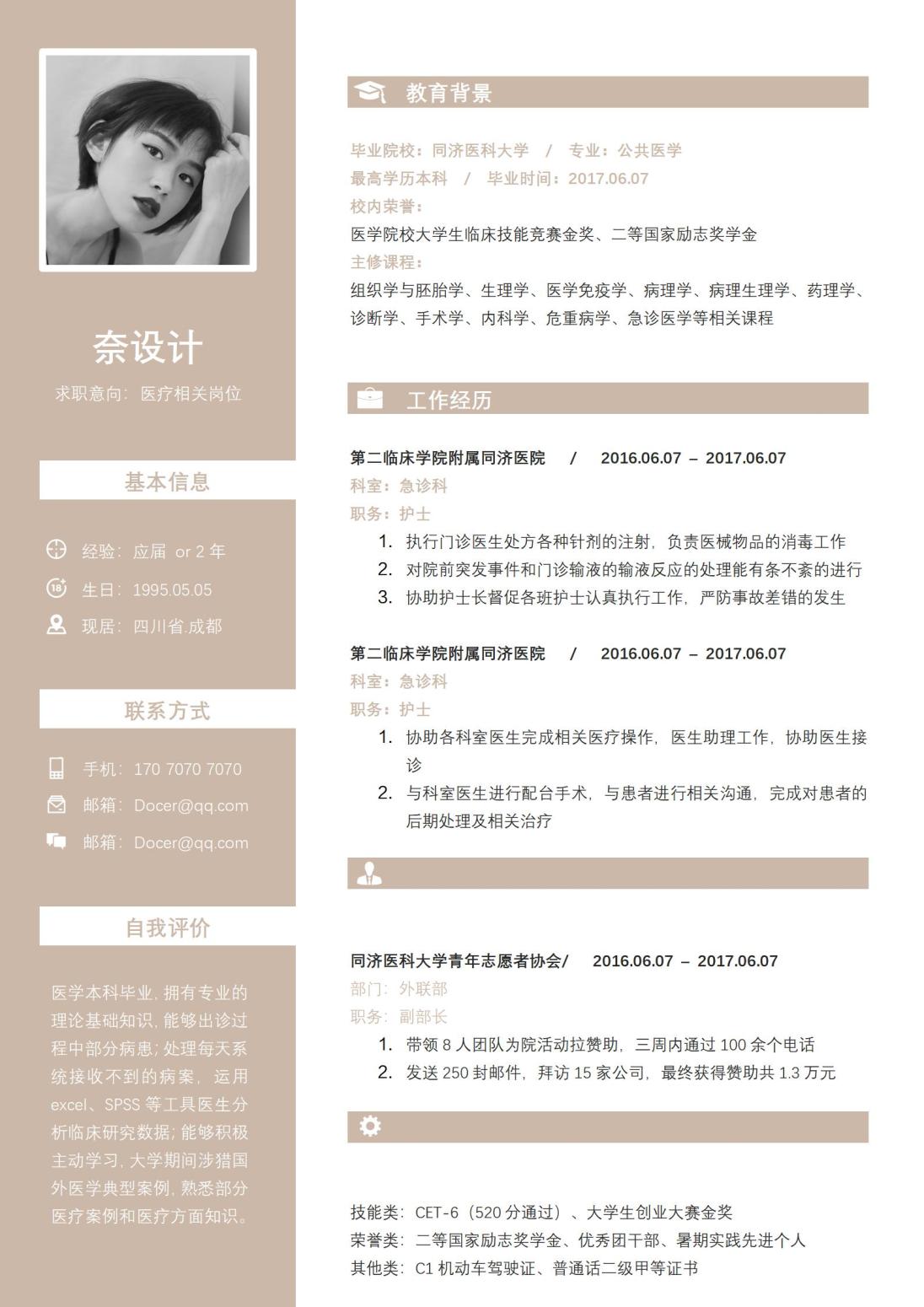 页护士完整简历模板精选