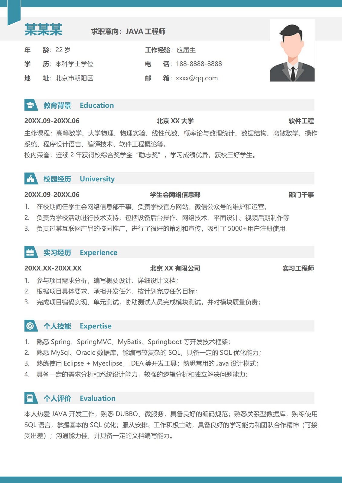 java开发应届生程序员春招简历模板