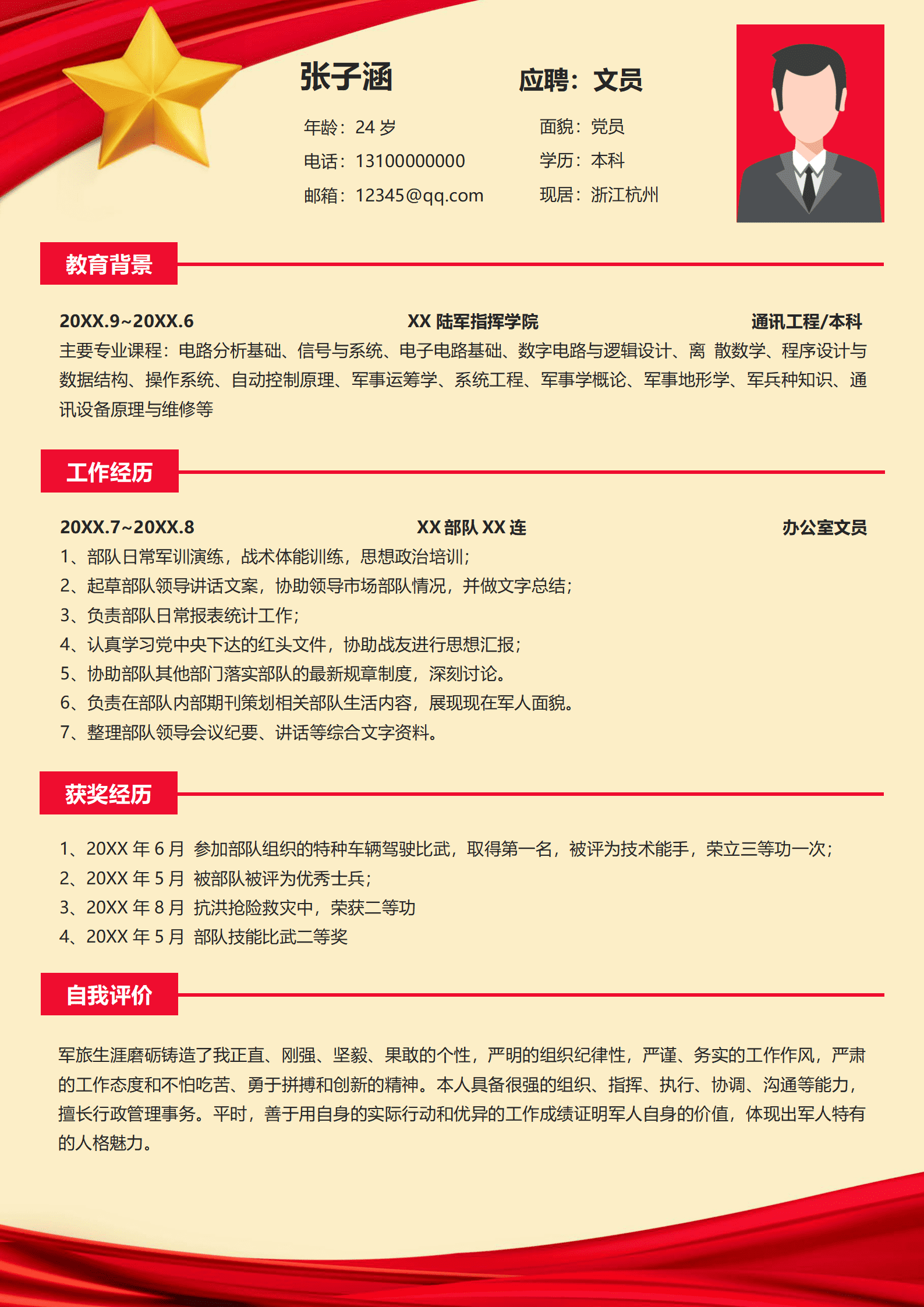 22JIANLI-00364退伍军人转业（文职类）求职简历/
