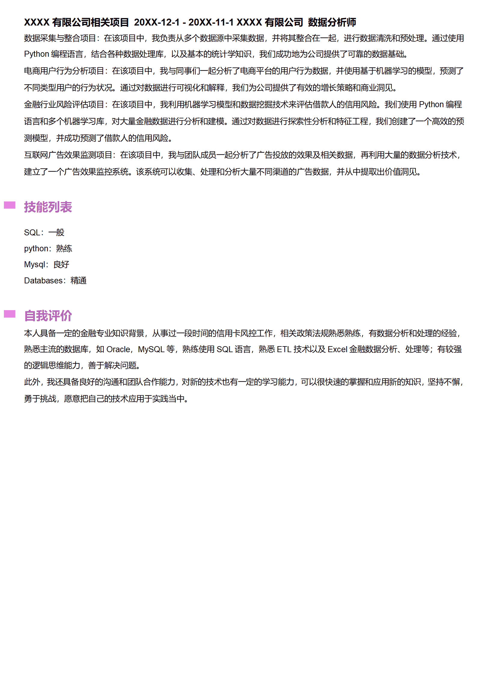 QIyezt-00110风控数据分析师简历/