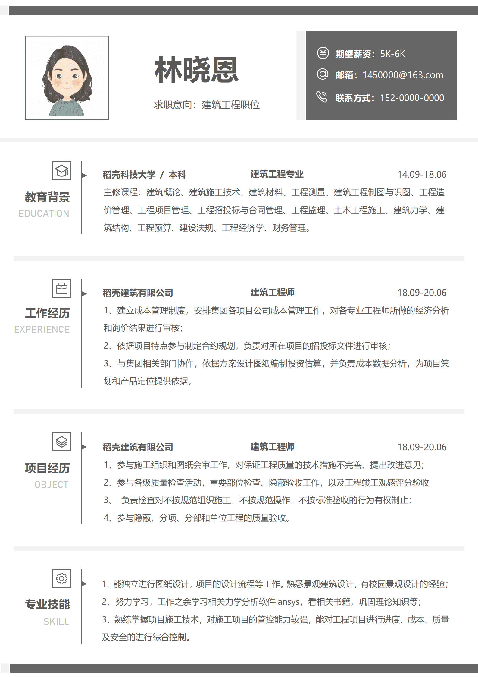 QIyezt-00341求职建筑工程职位的简历模板/