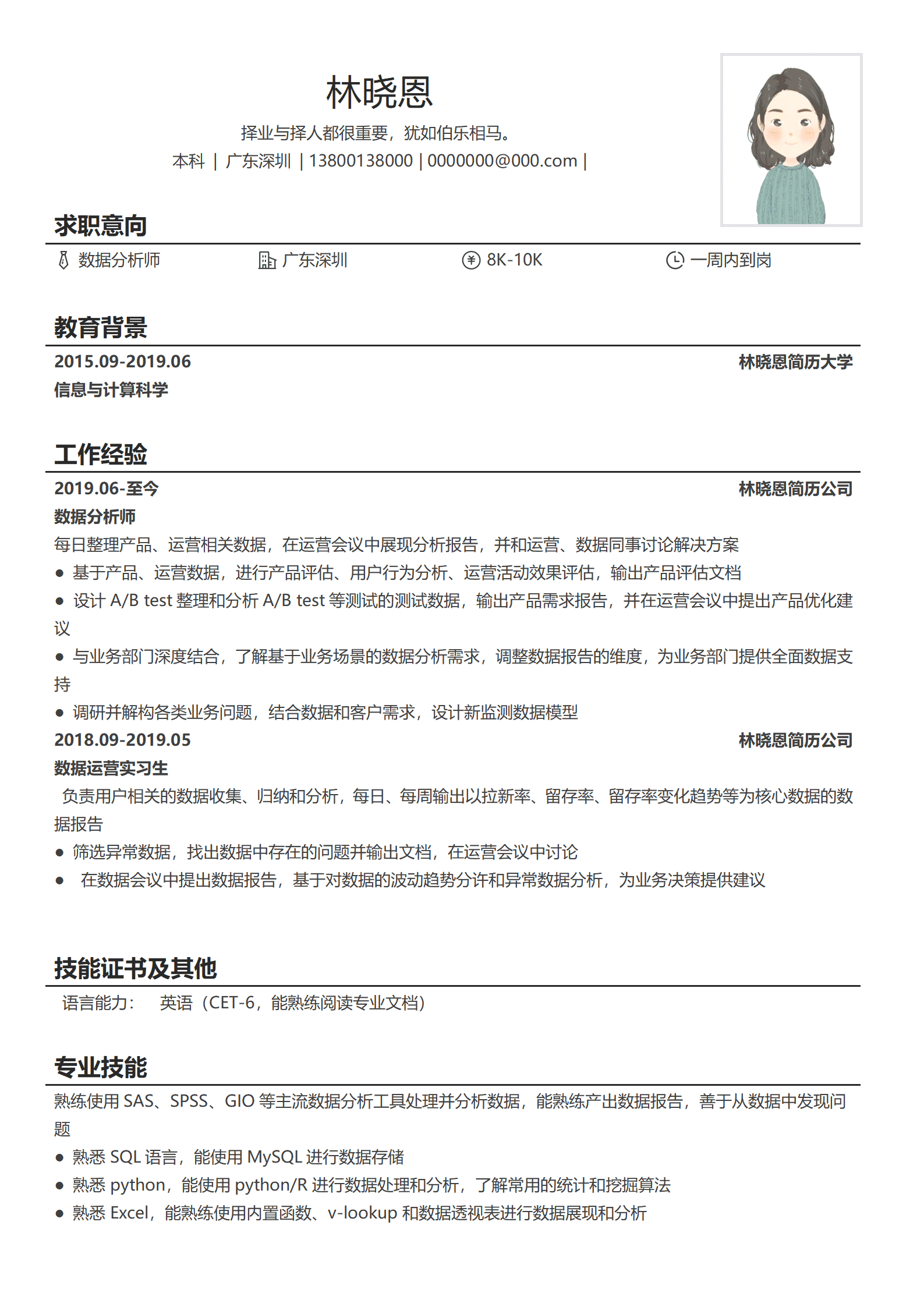 QIyezt-00425数据运营实习简历模板