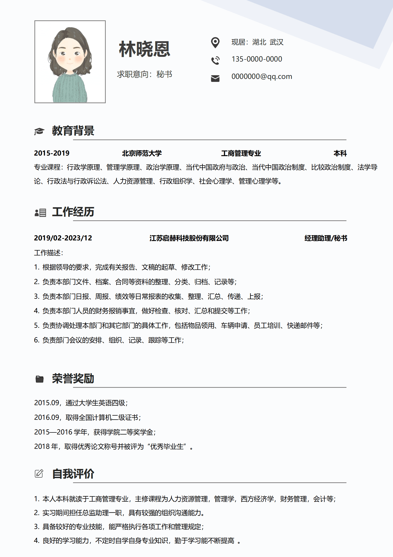 QIyezt-00276老板秘书简历/