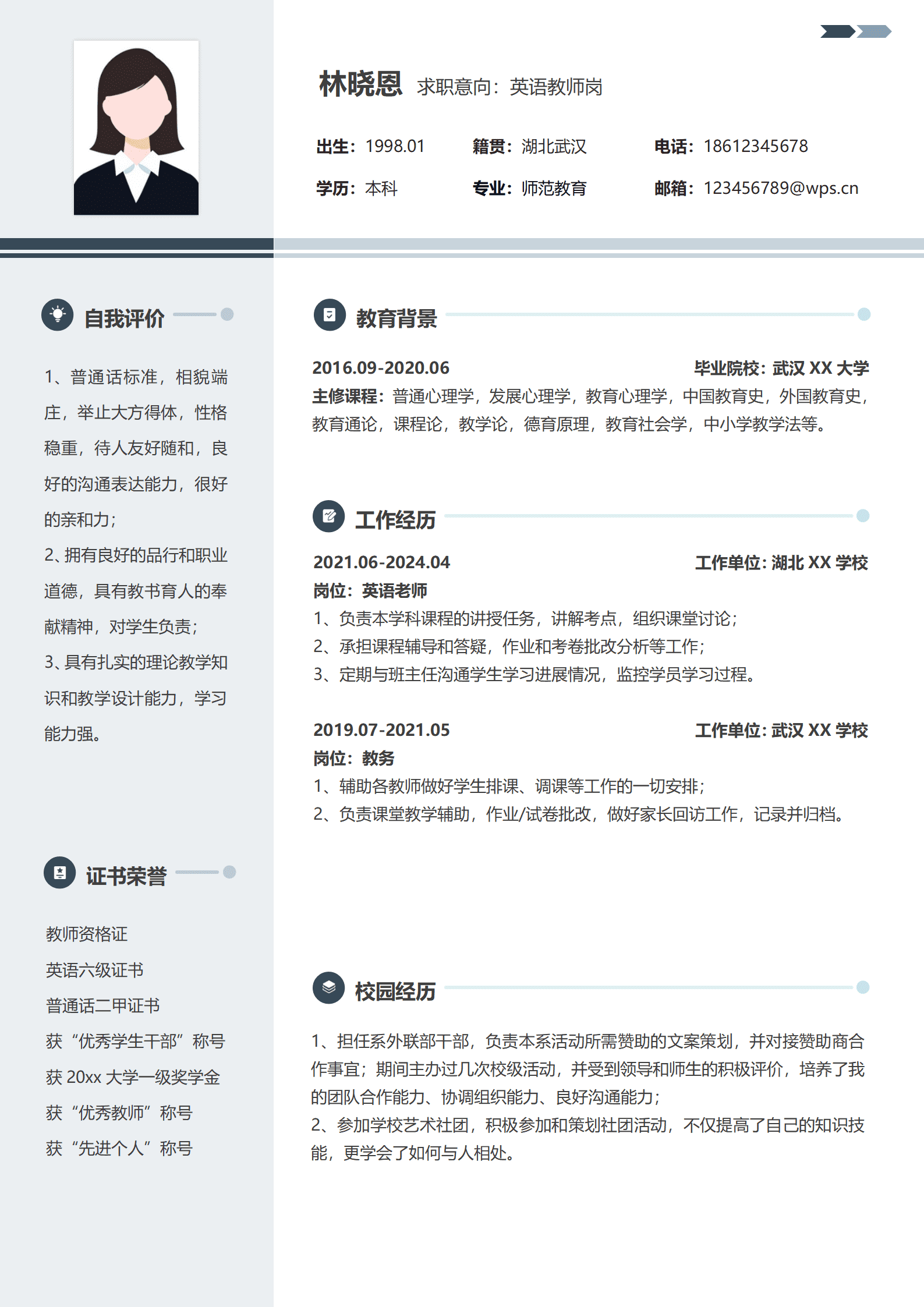 QIyezt-00191湖北XX学校英语老师简历模板/
