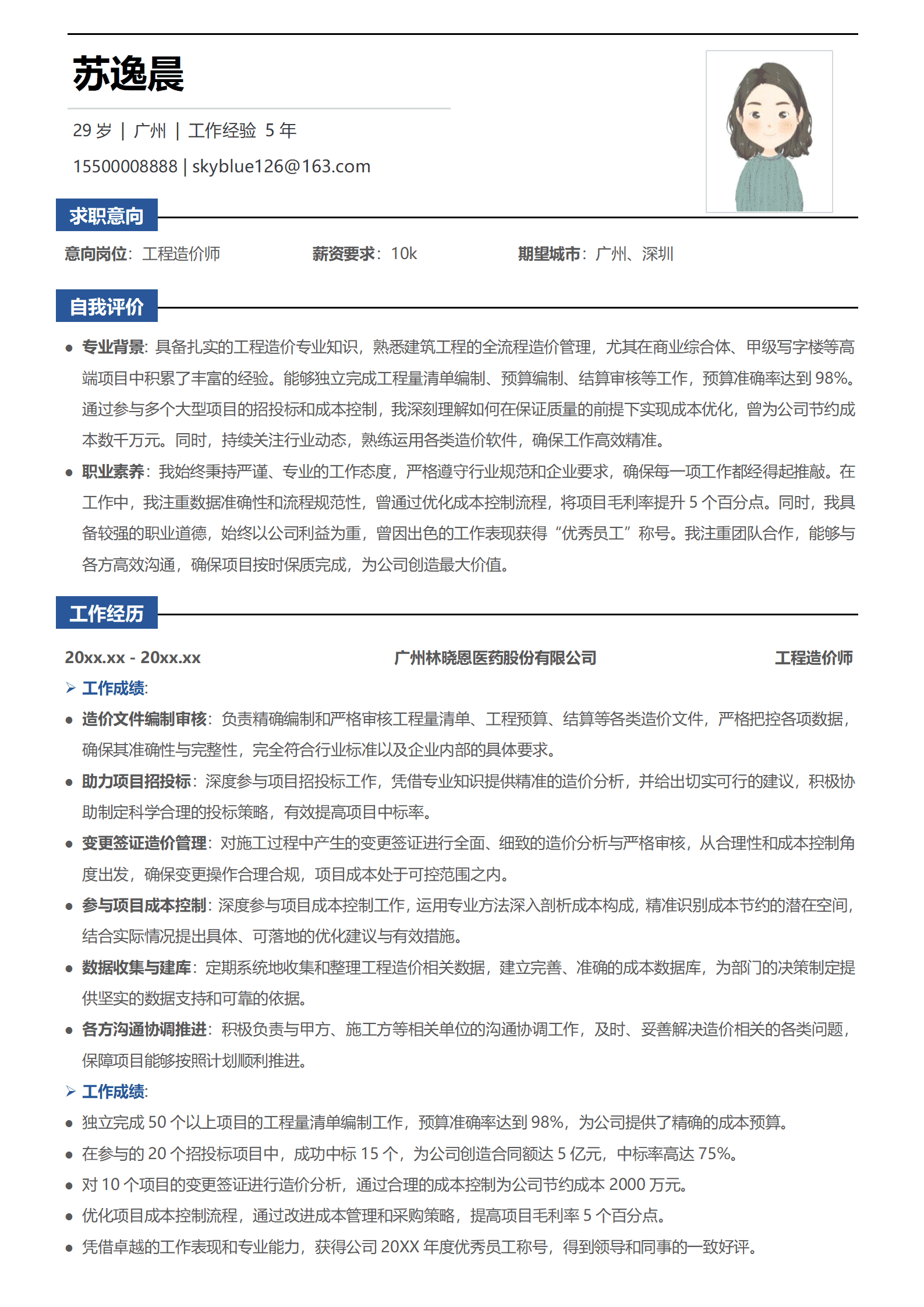 QIyezt-00153工程造价员英文简历/