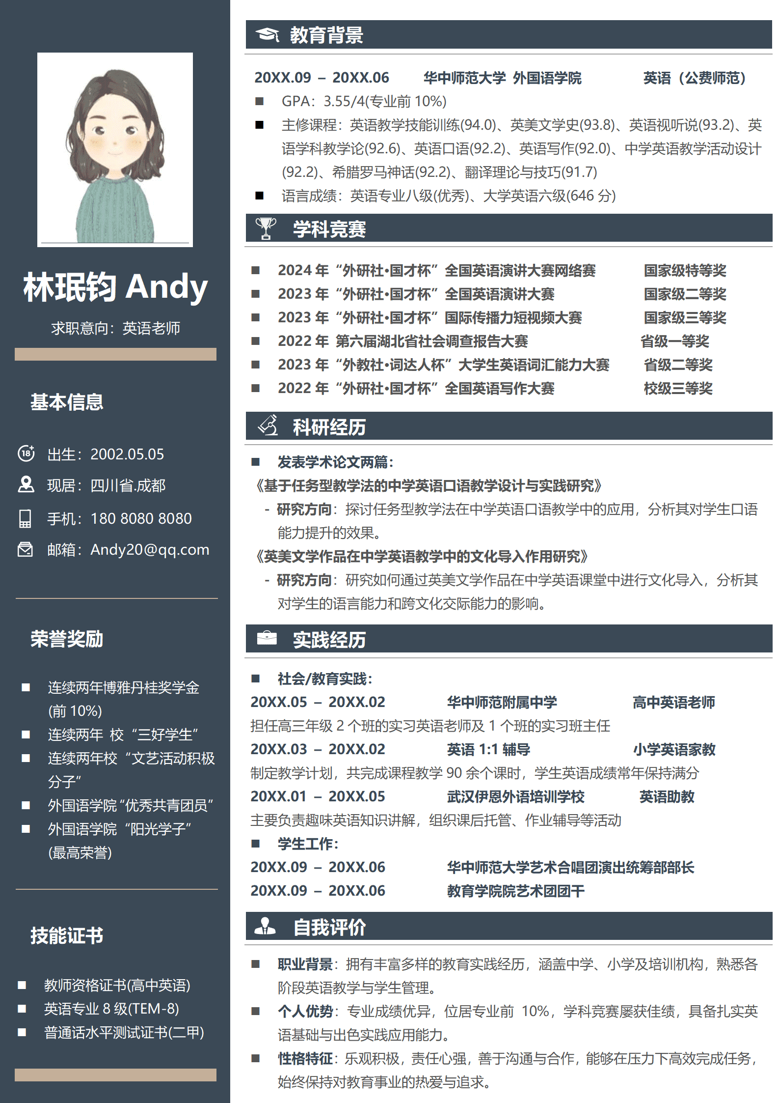 QIyezt-00196华中师大附属高中英语老师简历模板/