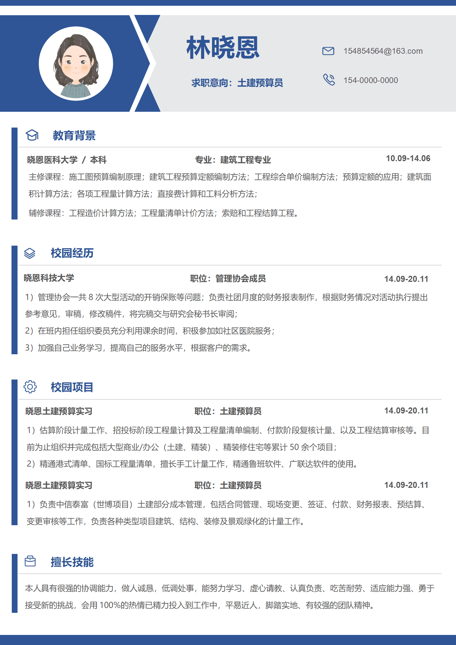 QIyezt-00449土建预算员5年经验简历模板/