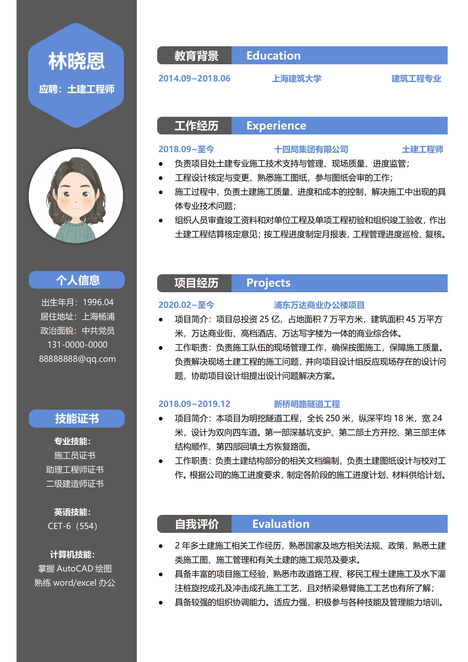 QIyezt-00434隧道工程项目土建工程师简历模板/