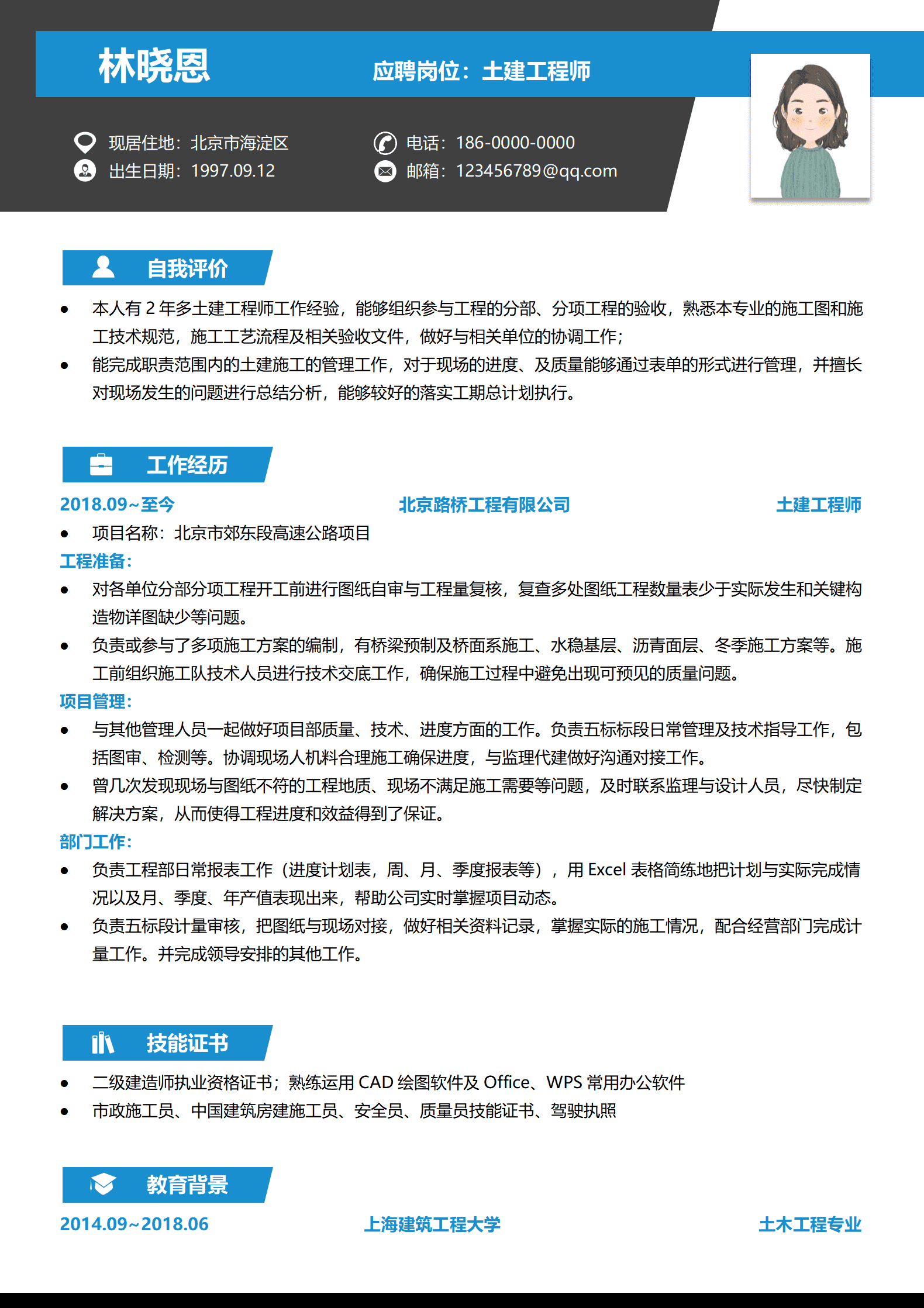 QIyezt-0034北京市郊项目土建工程师简历模板/