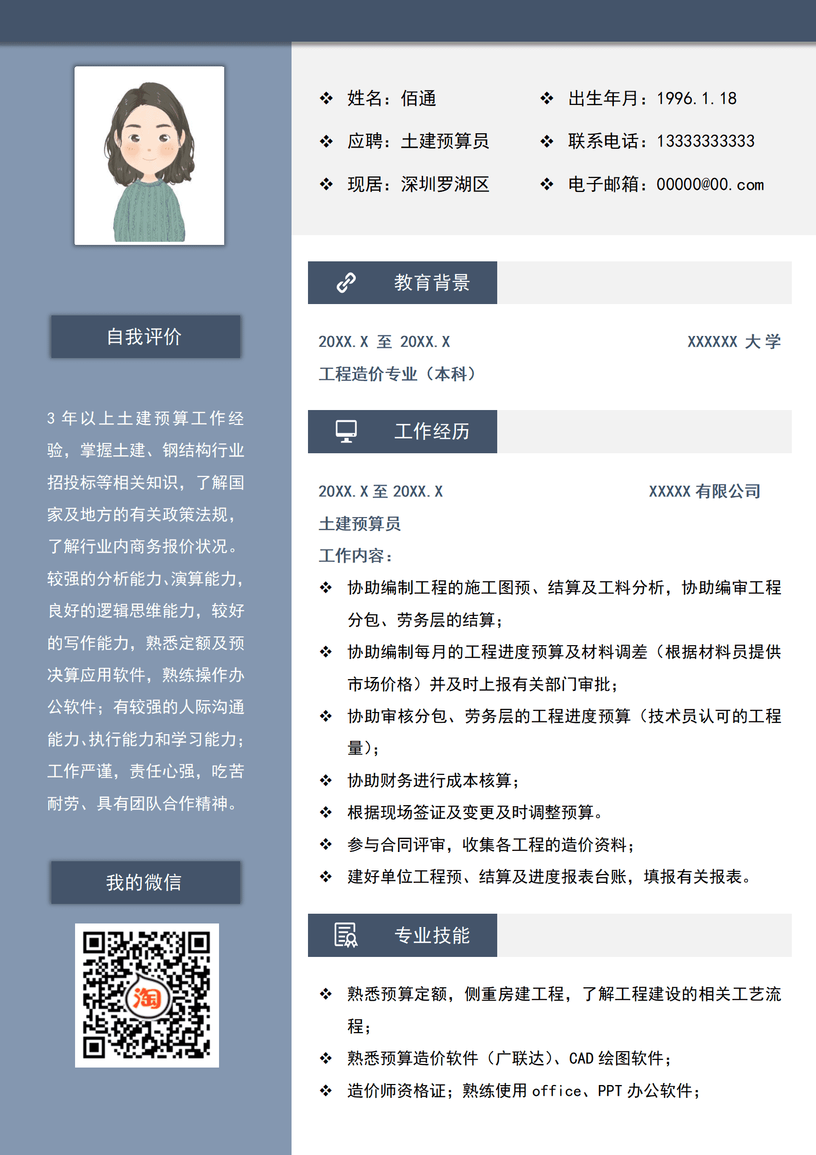 QIyezt-0033年以上土建预算经验简历模板/