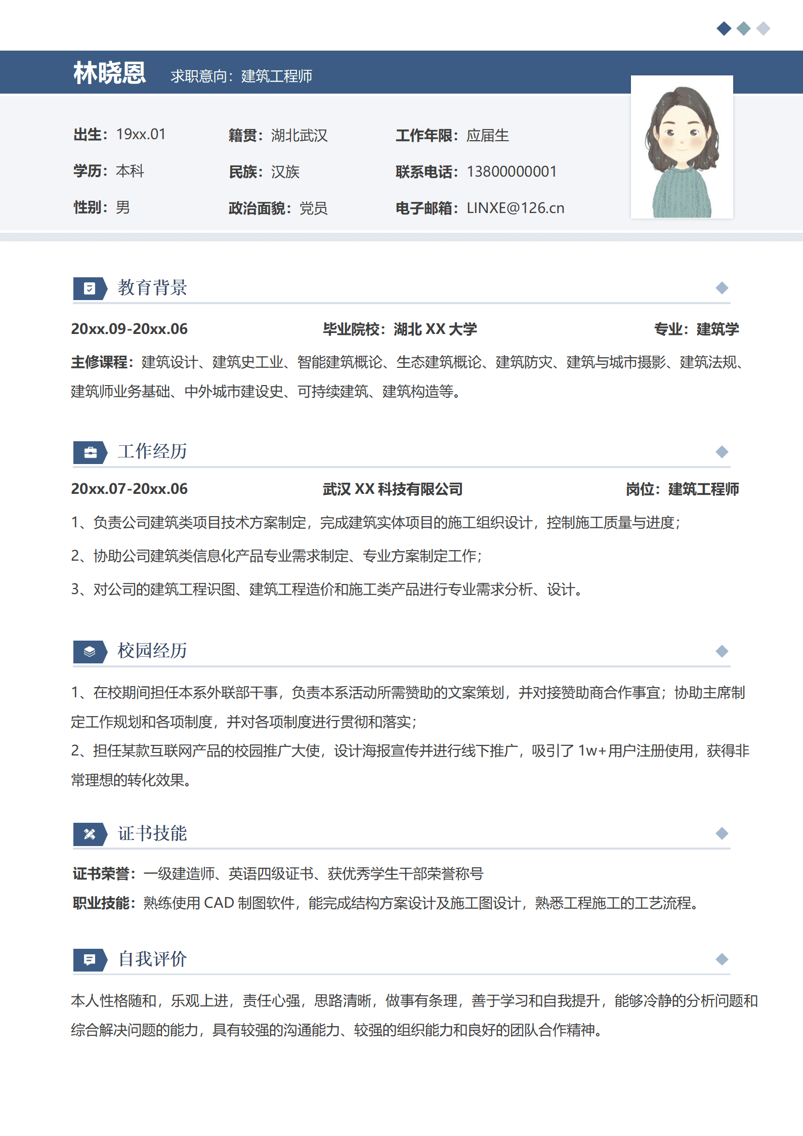 QIyezt-00415熟练使用CAD制图软件的建筑工程师简历模板/