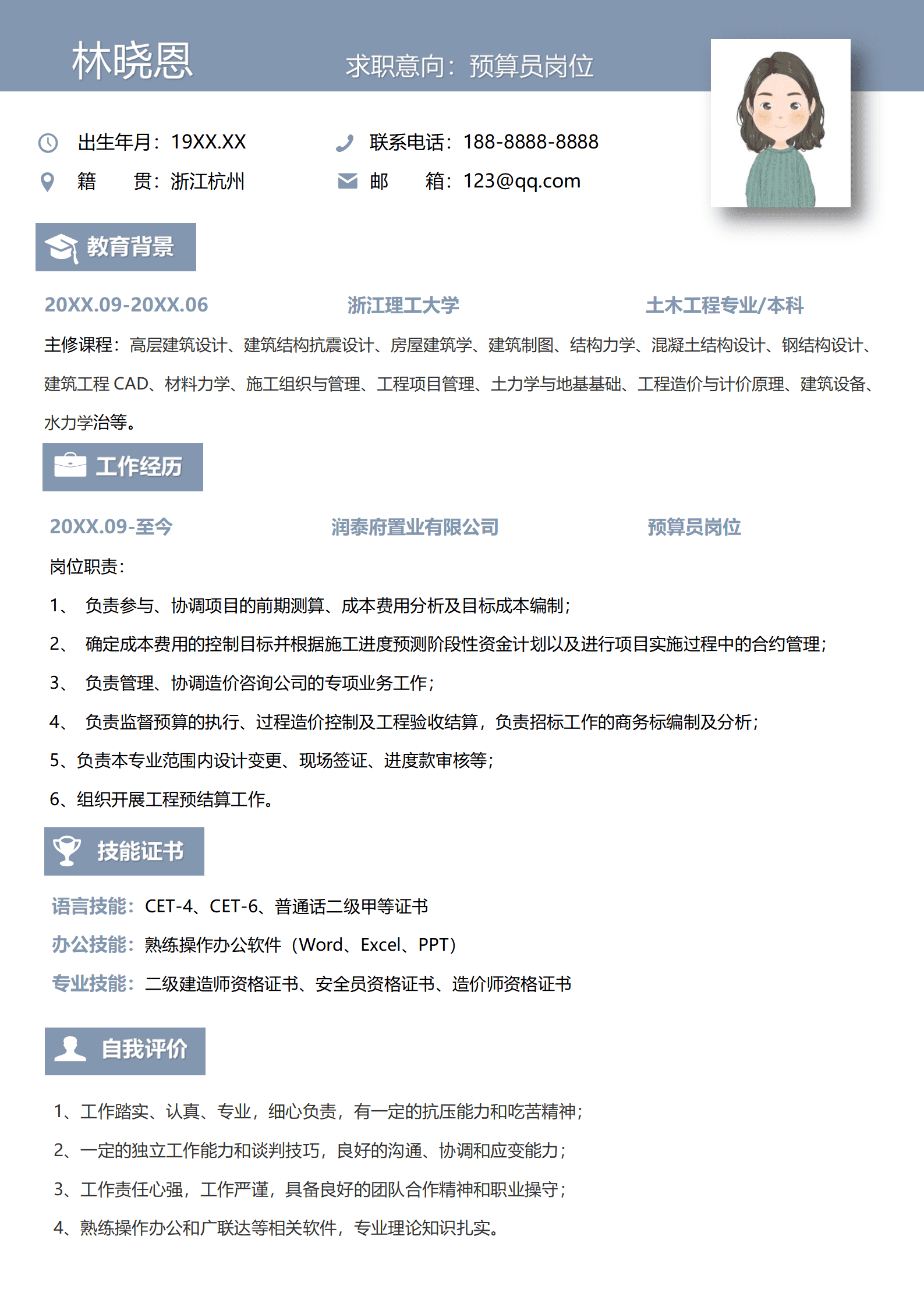 QIyezt-00699预算员-二级建造师资格证书与丰富项目经验简历模板/
