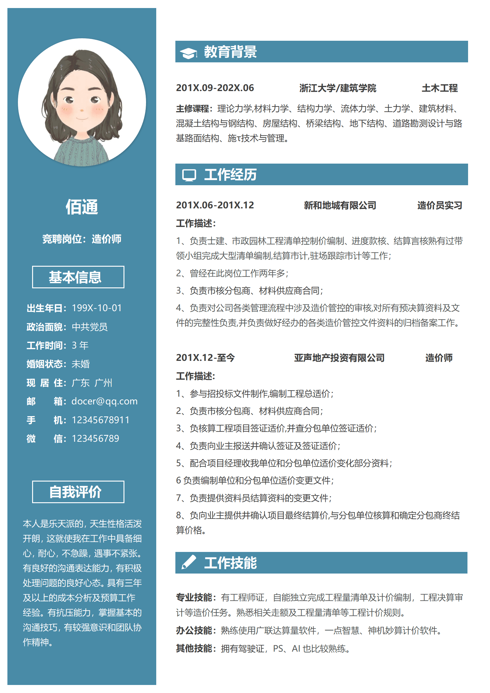 QIyezt-00141工程造价员简历描述范文/