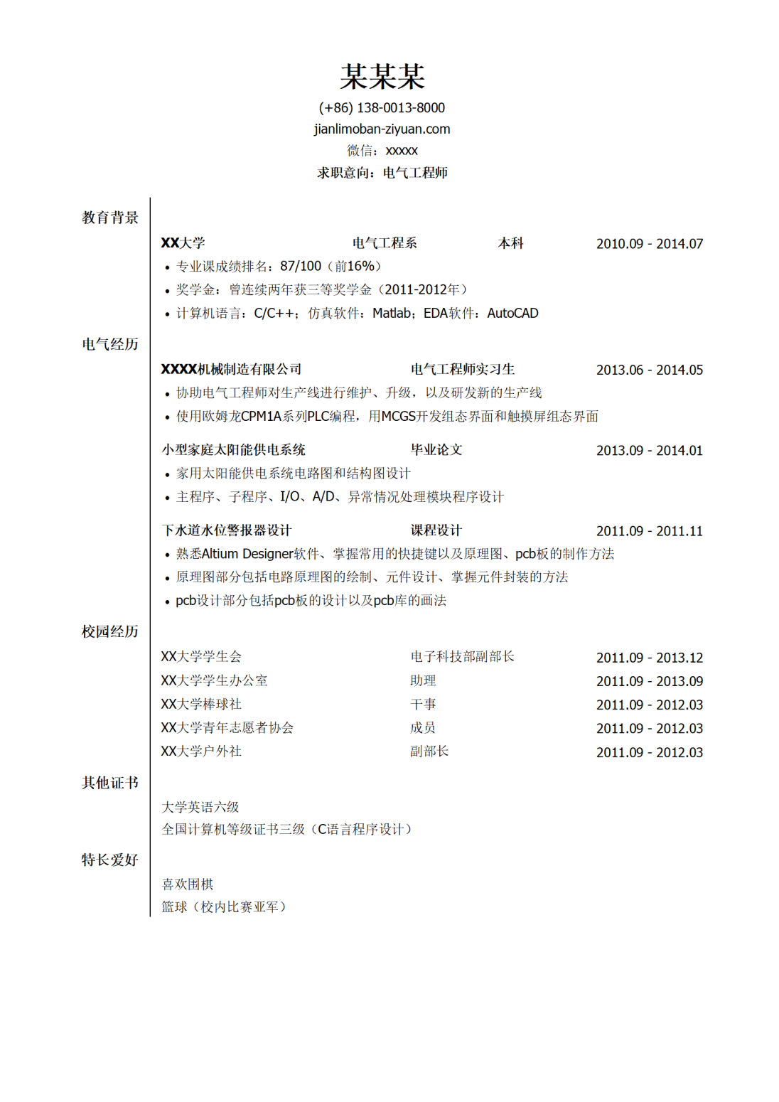 电气工程师简历模板（突出校园经历）