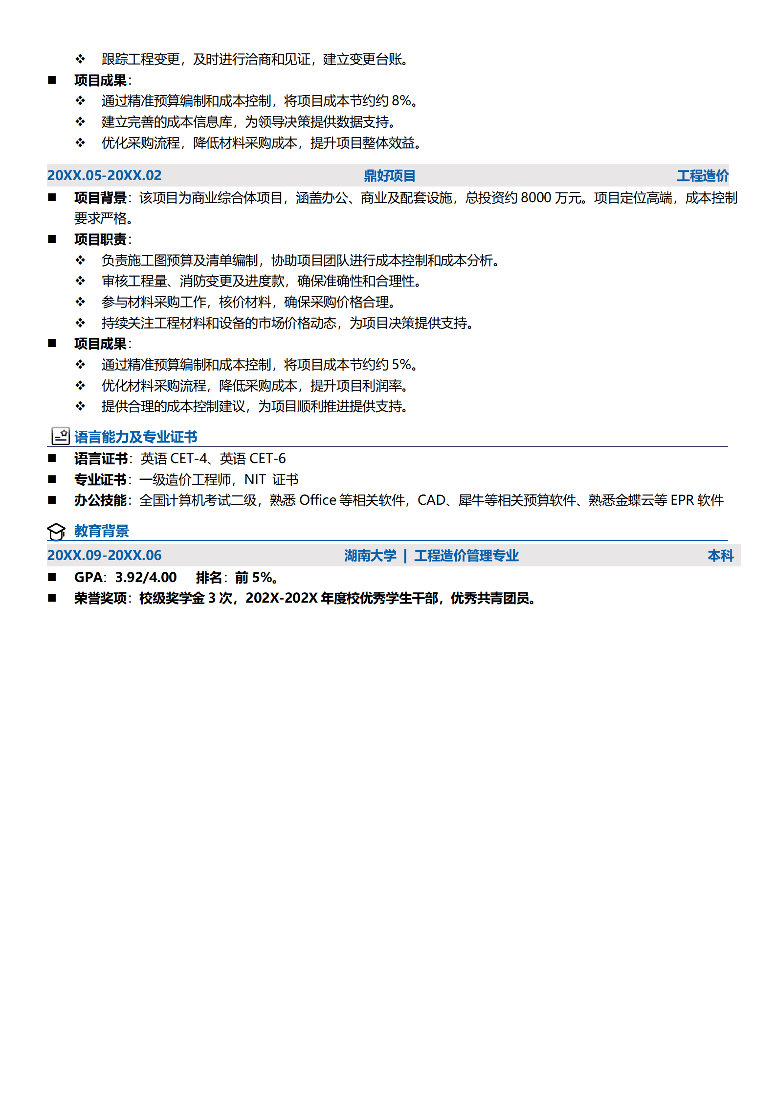 QIyezt-00144工程造价员简历模板工程/