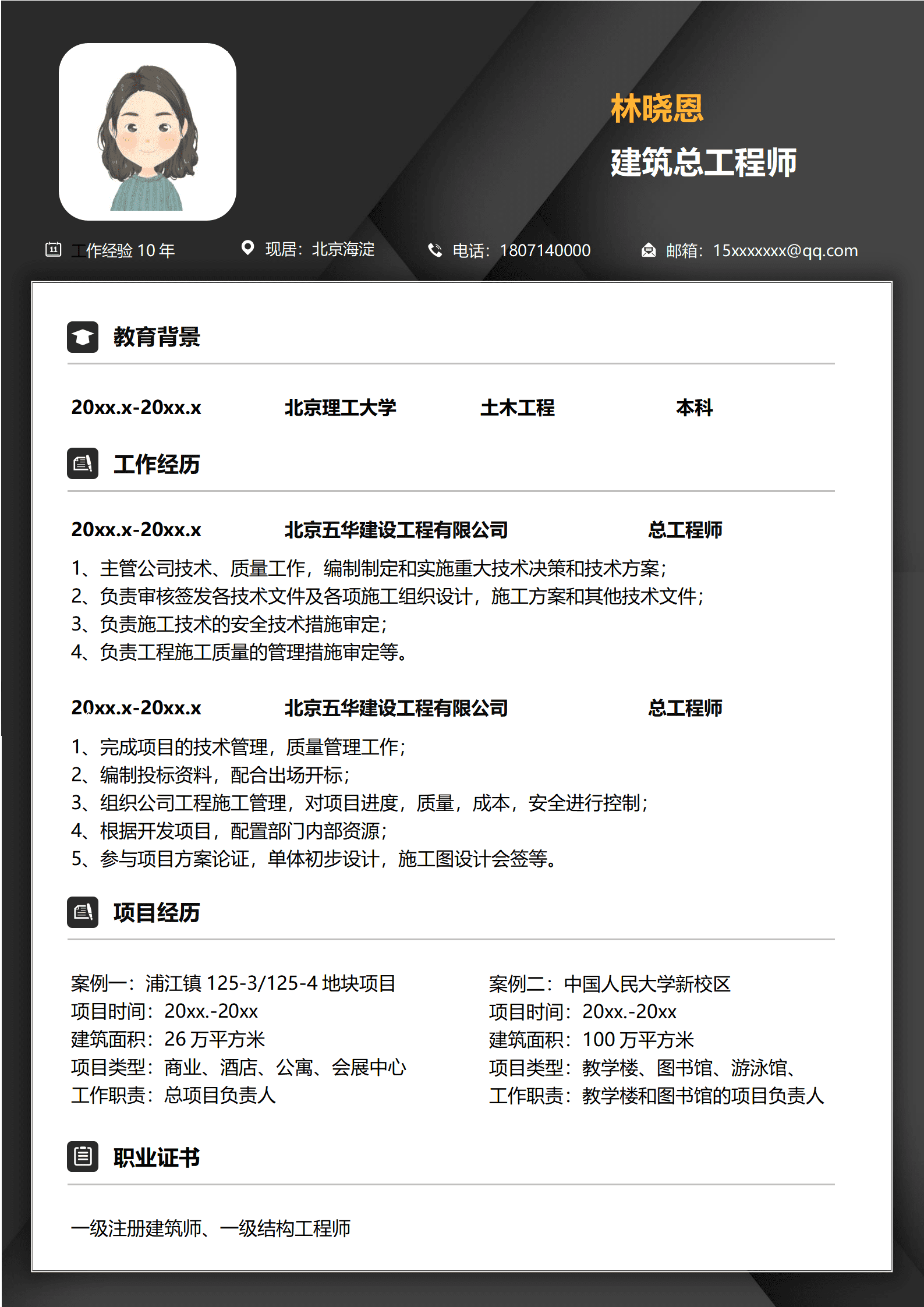 QIyezt-0088担任过建筑总工程师的简历模板/