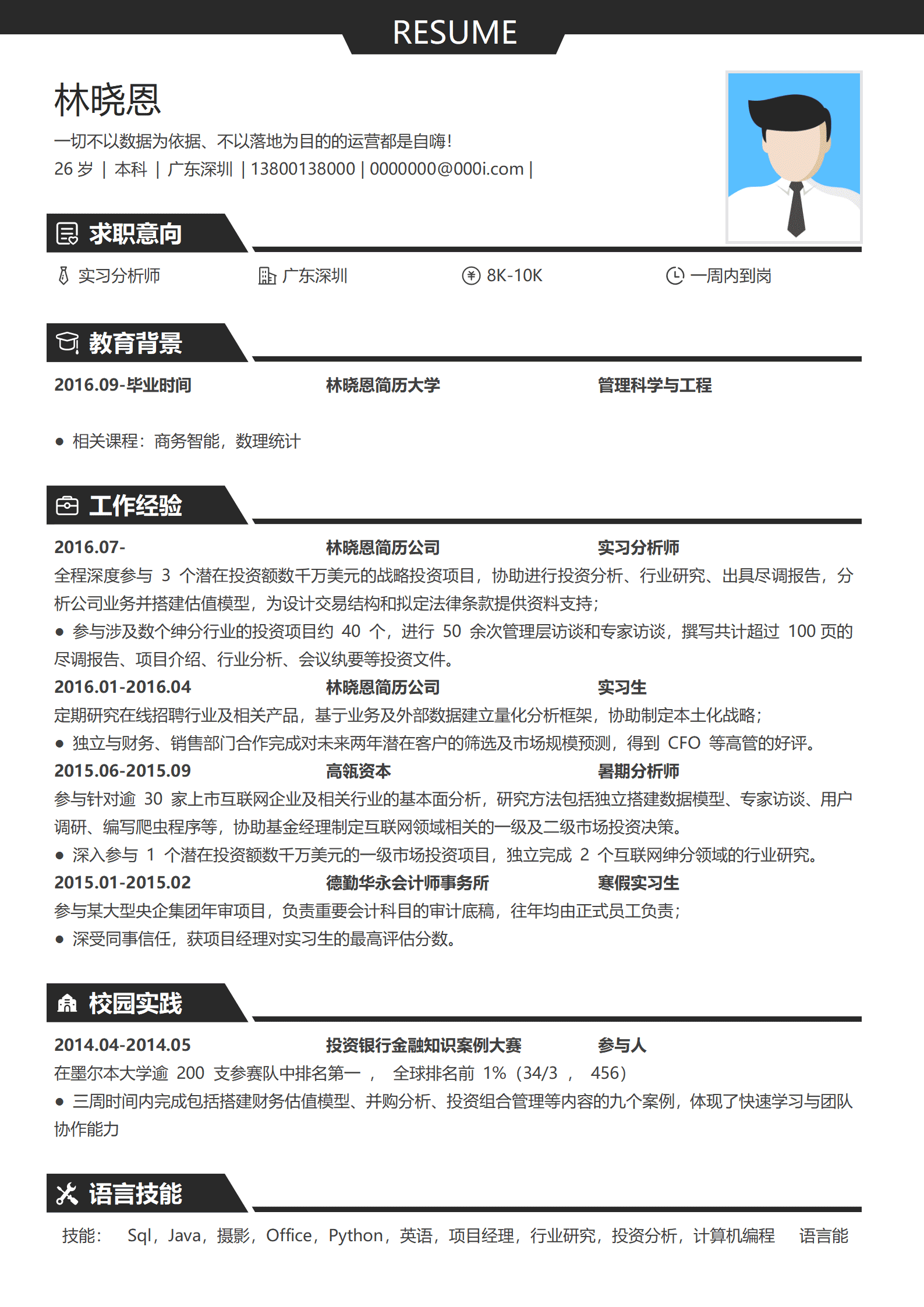 QIyezt-00713战略投资分析师简历模板/
