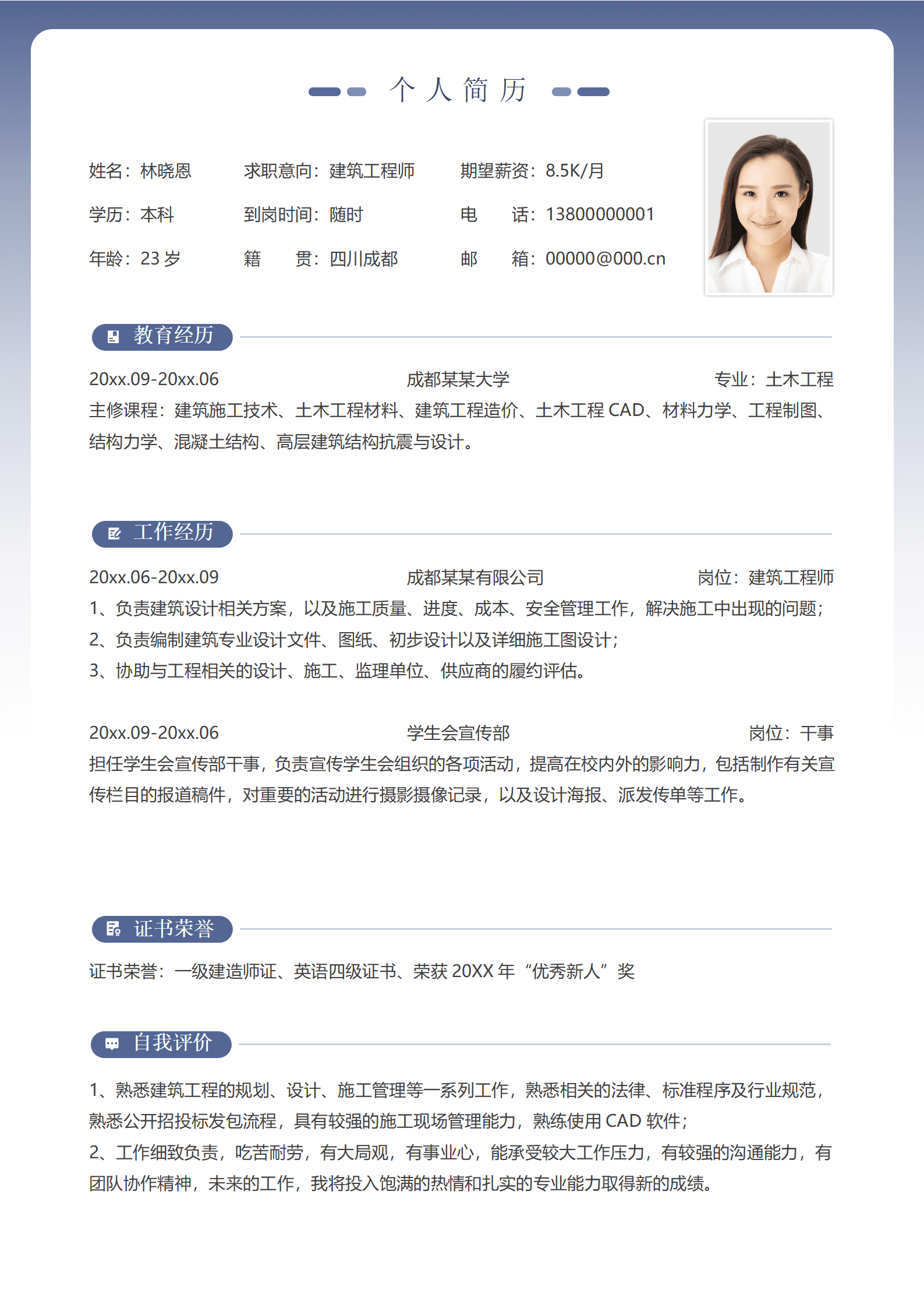 QIyezt-00701在成都担任过建筑工程师的简历模板/