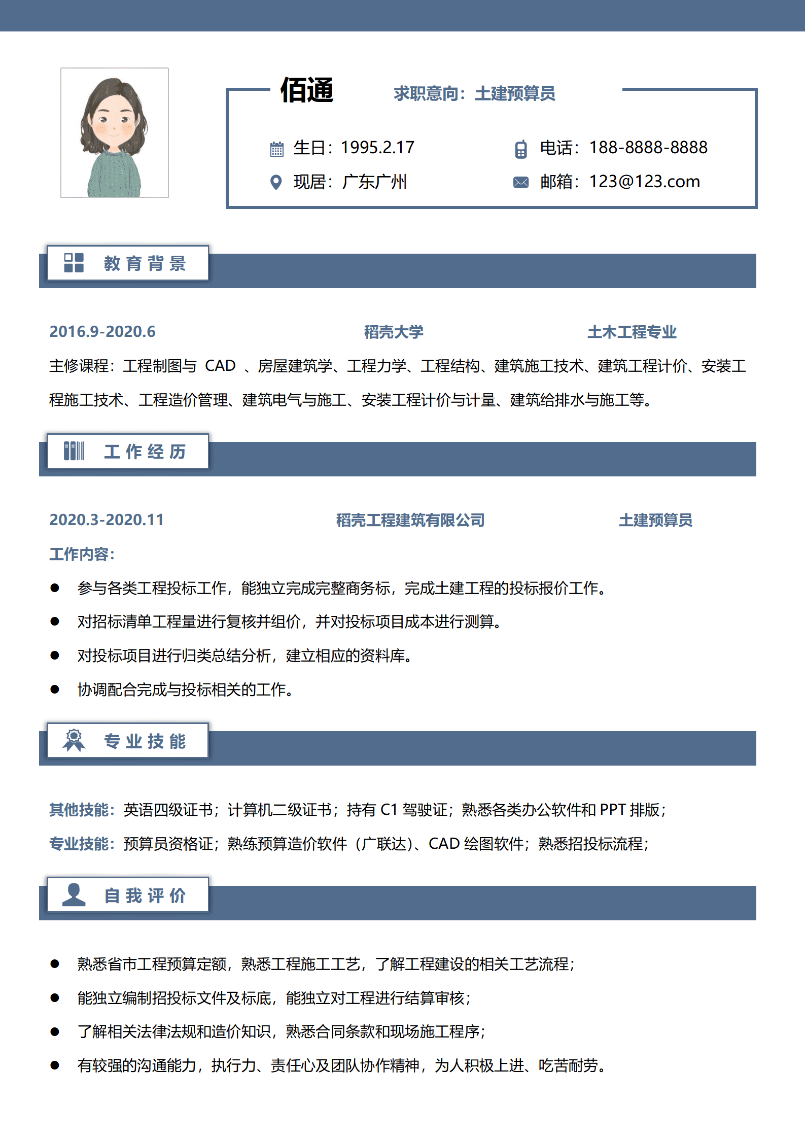 QIyezt-00450土建预算员简历模板/