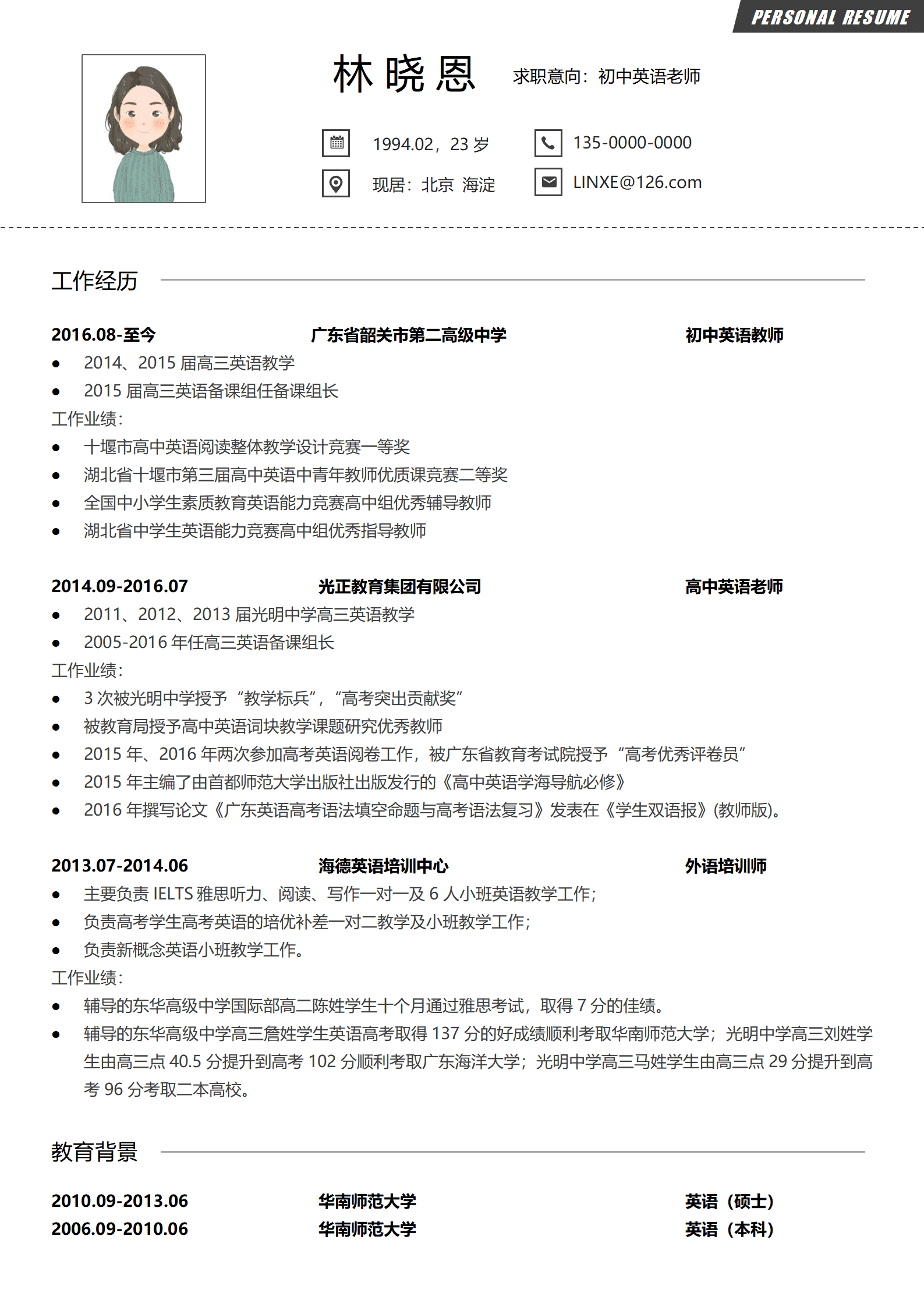 QIyezt-00126高中英语老师个人简历模板（资深教师）/