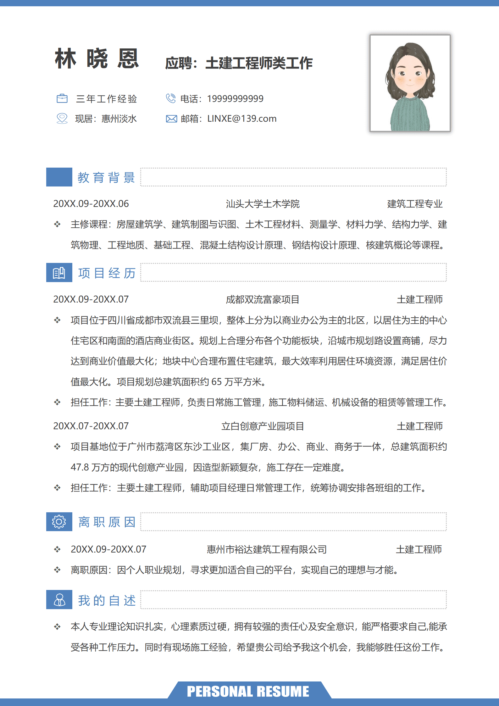 QIyezt-0050成都项目土建工程师简历模板/