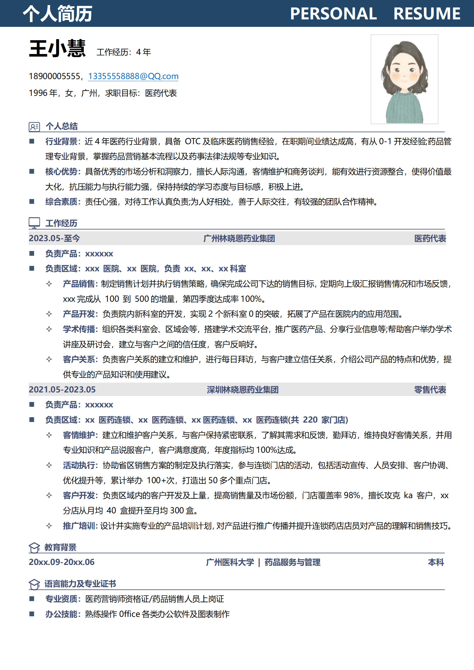 医药销售代表个人简历