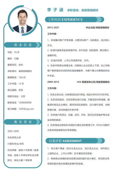单页高级营销顾问求职简历