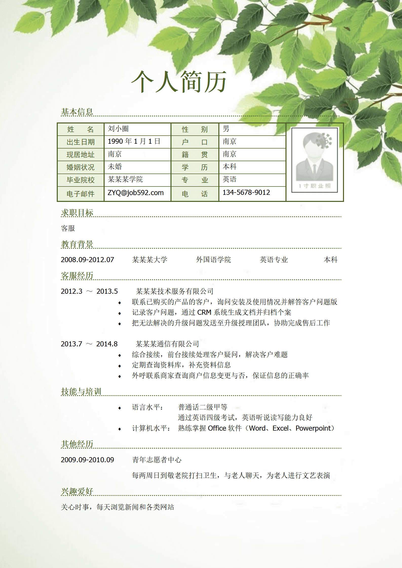 qiyee-0001247应聘客服岗位简历模板(1)/