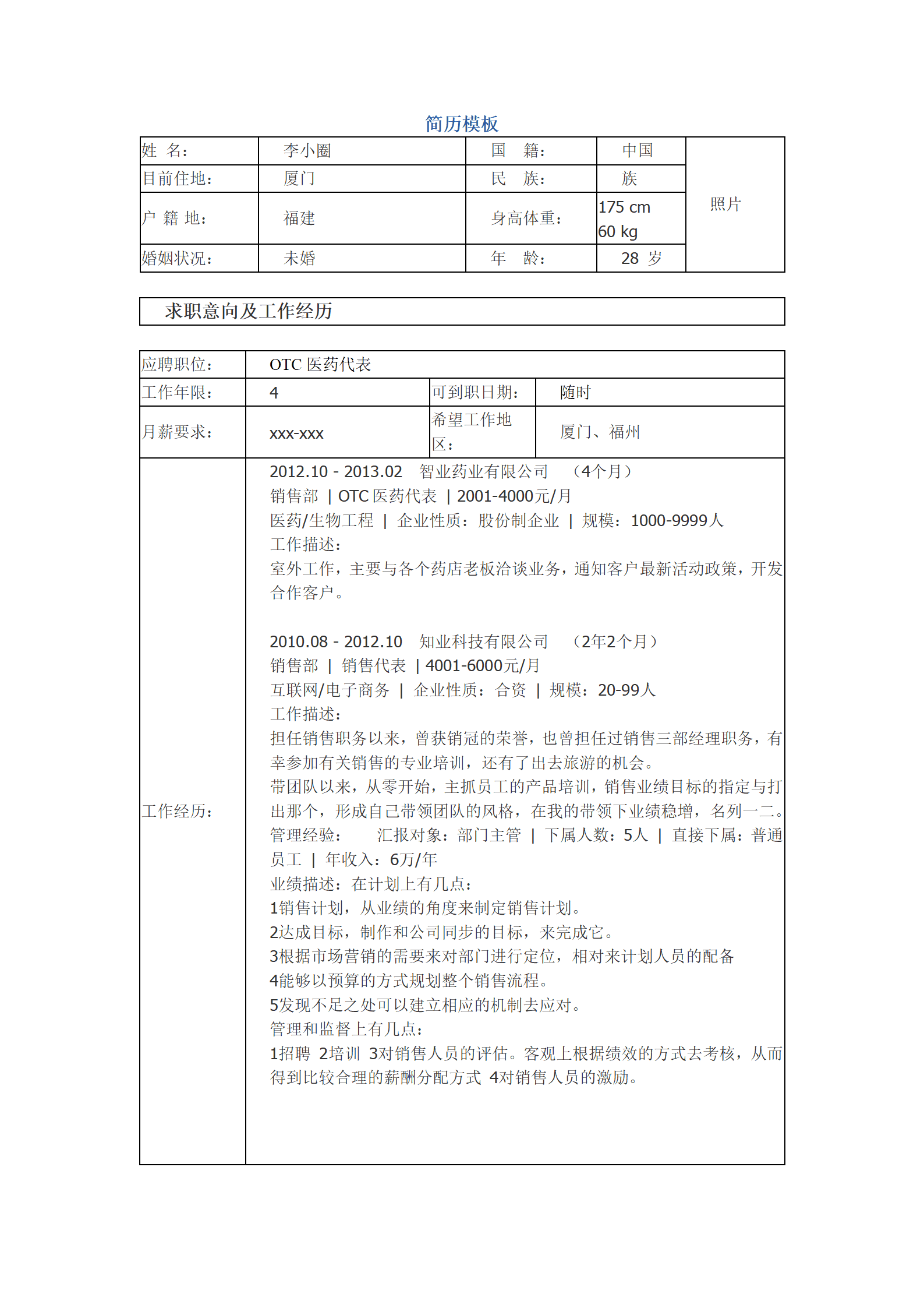 qiyee-00042OTC医药代表简历模板/