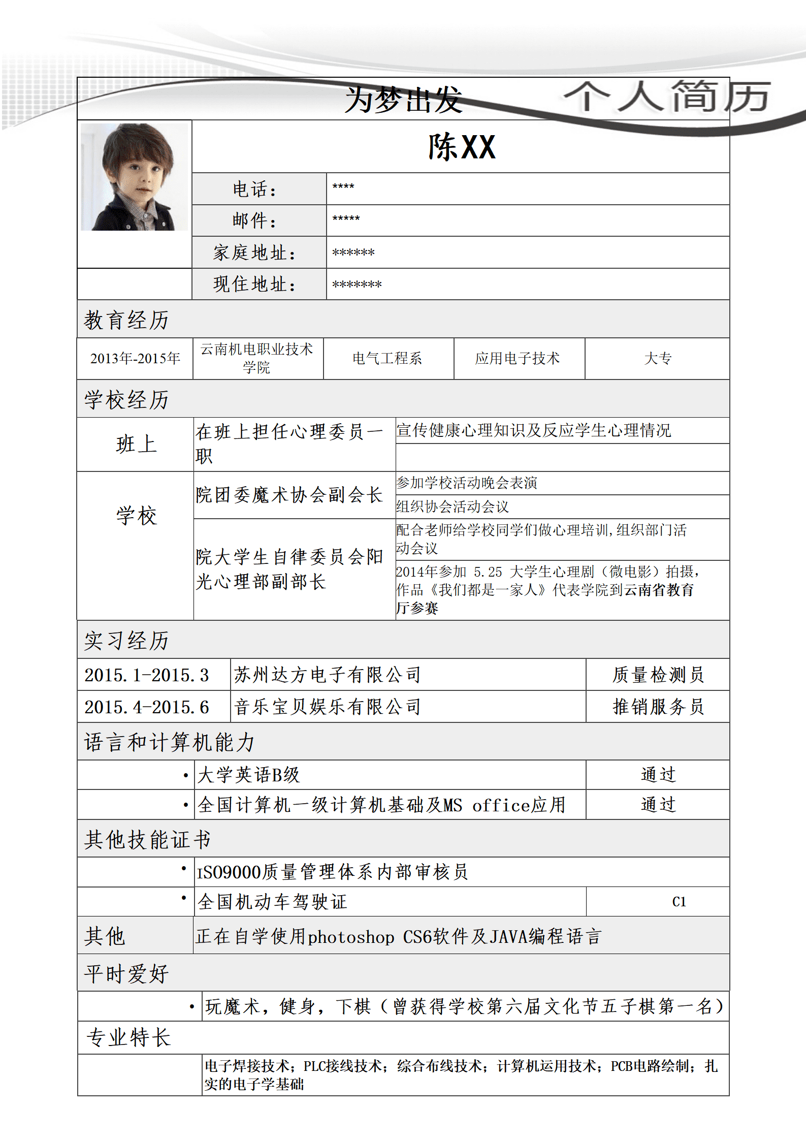qiyee-000746强调自我评价与职业规划的简历模板/