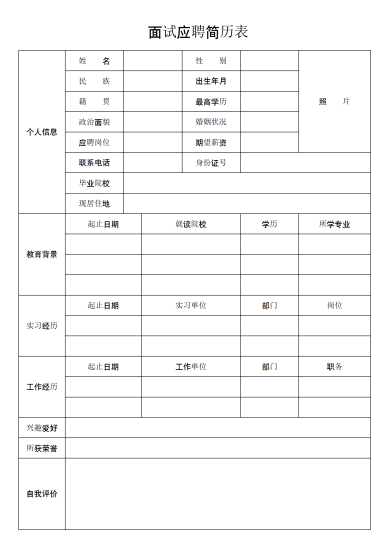 应聘面试简历表模板