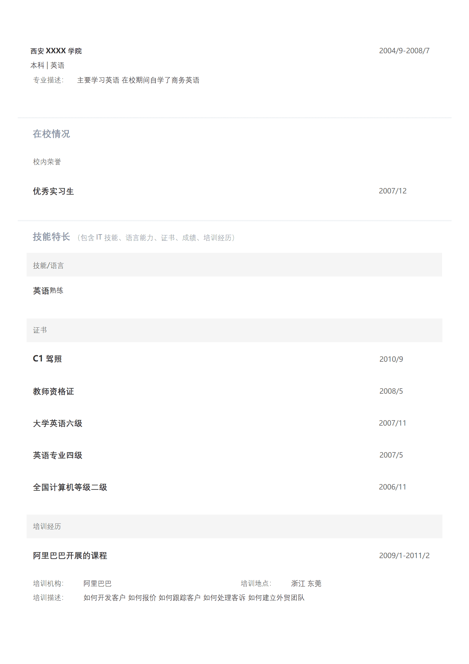 qiyee-000671贸易专员贸易助理类岗位求职简历模板/