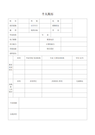 简单个人简历表格模板空白通用
