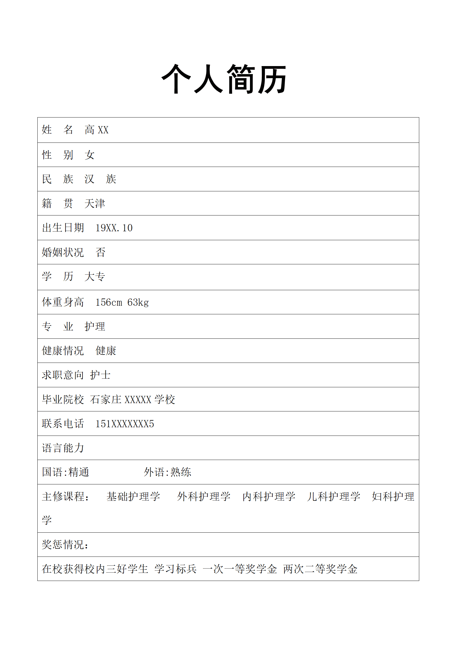 qiyee-000310高XX护理专业护士求职简历模板/