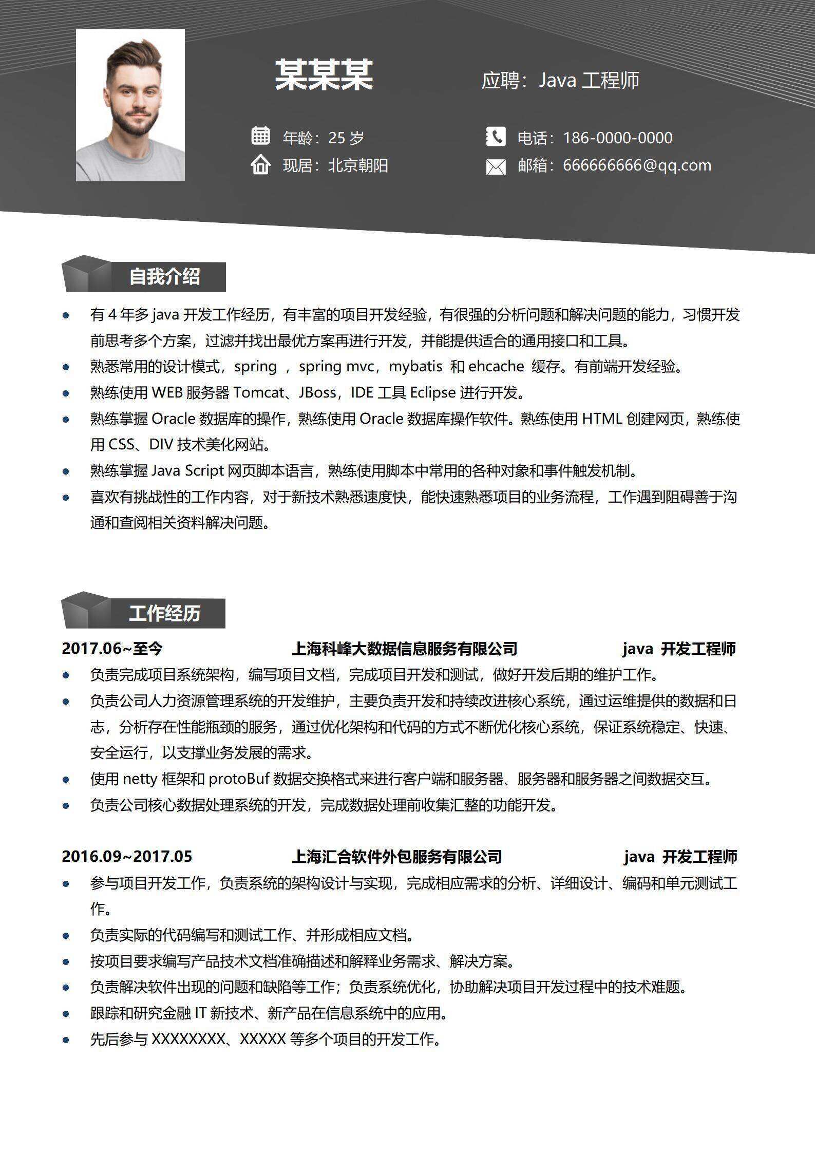 qiye-00013Java开发工程师程序员简历范文/