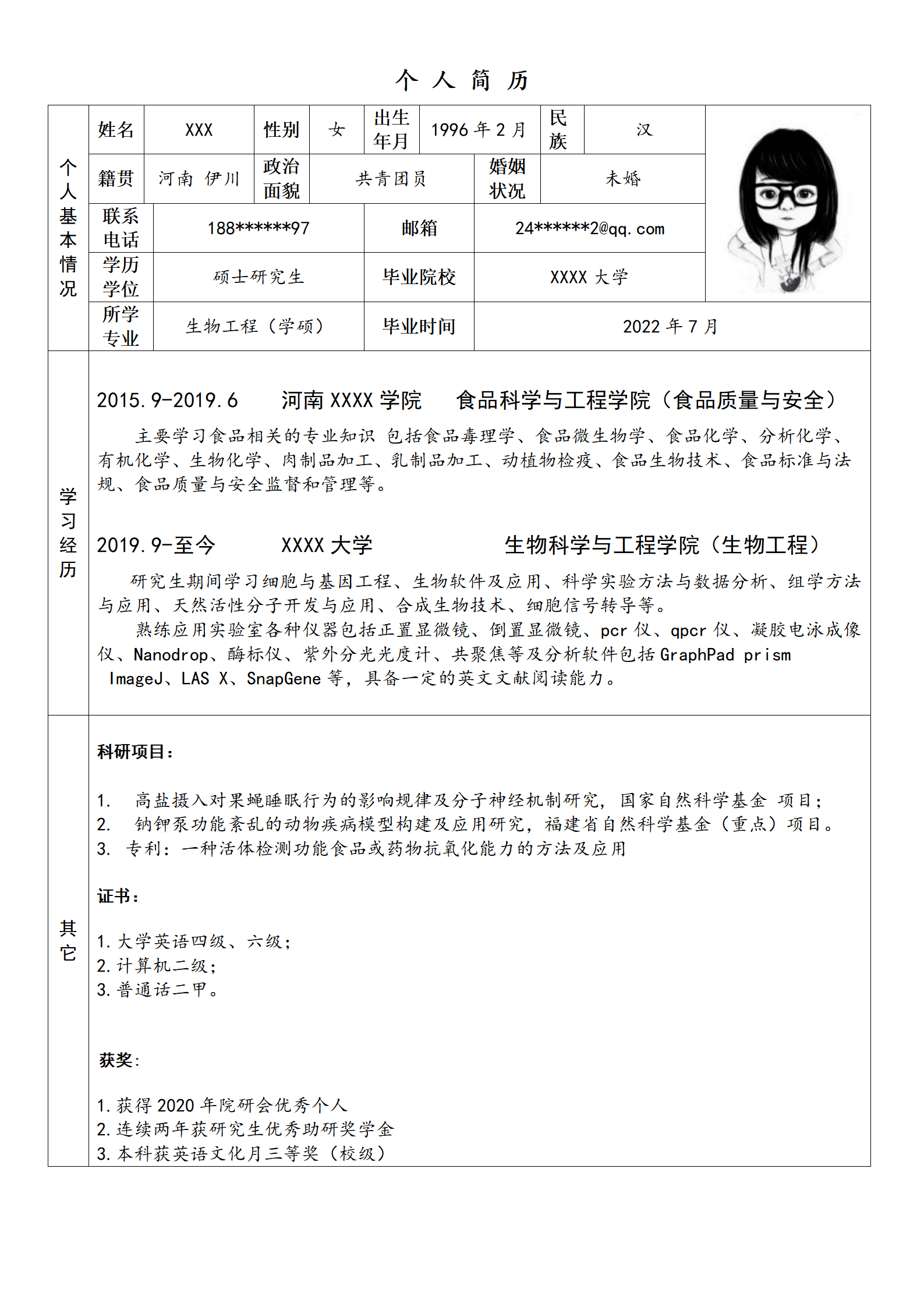 qiyee-000860生物工程相关专业硕士毕业生求职简历模板/