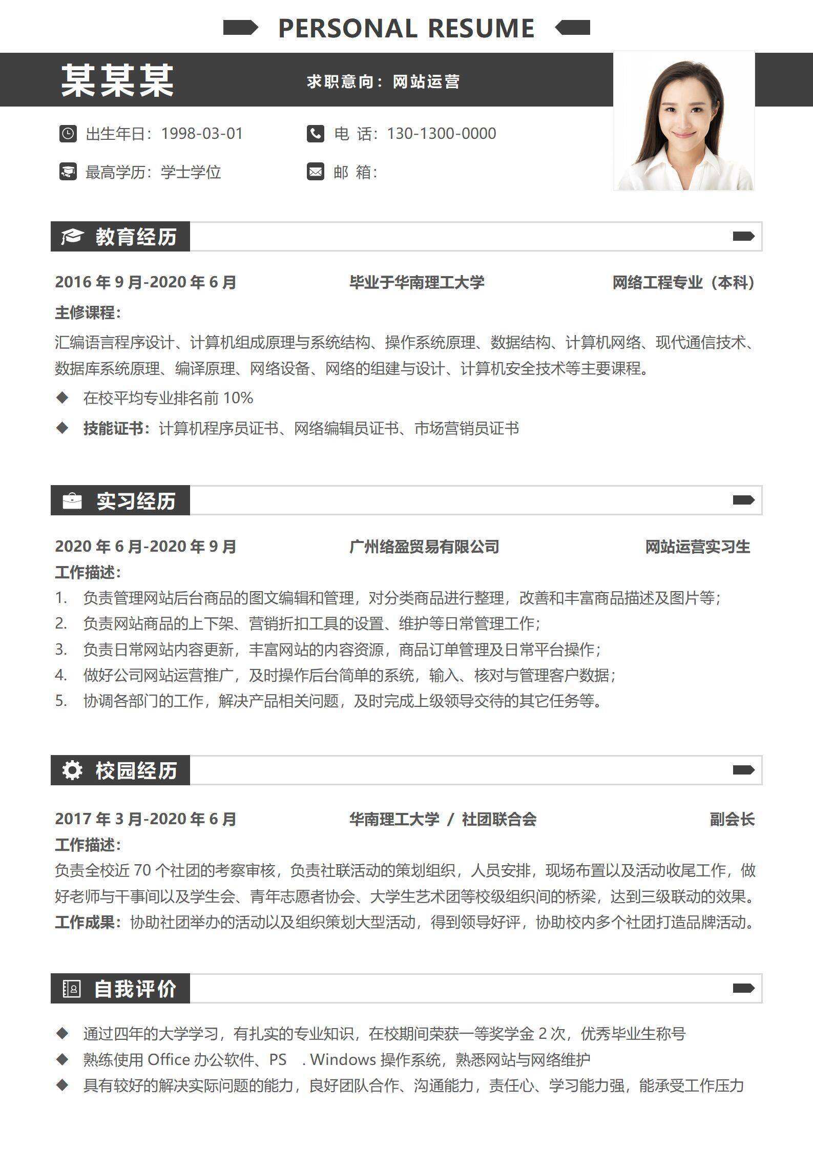 qiyes-00053简约黑白创意网站运营无经验求职简历/