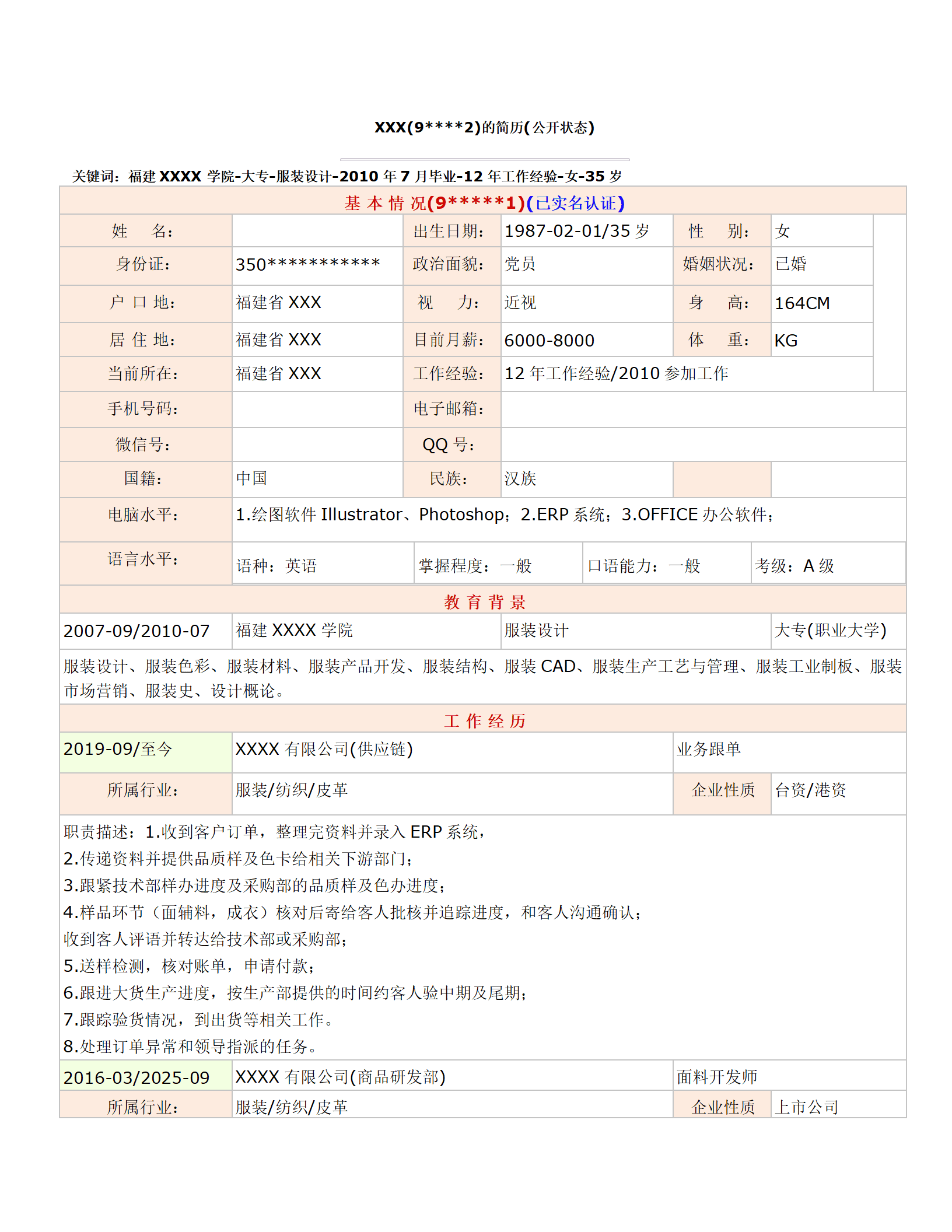 qiyee-000306服装设计面料贸易行业相关岗位求职简历模板/