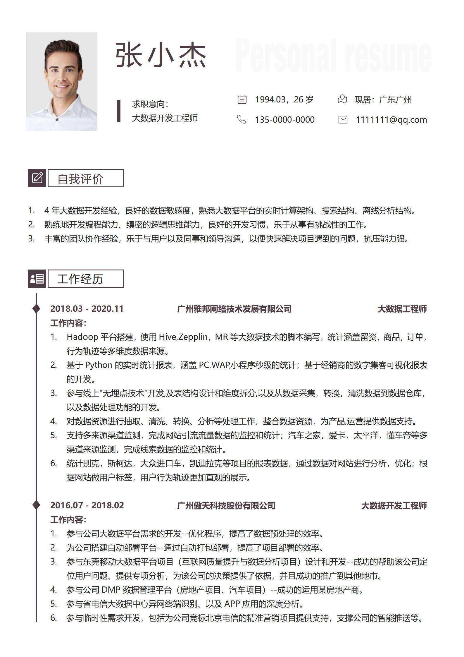 qiye-00043大数据开发工程师个人简历模板/