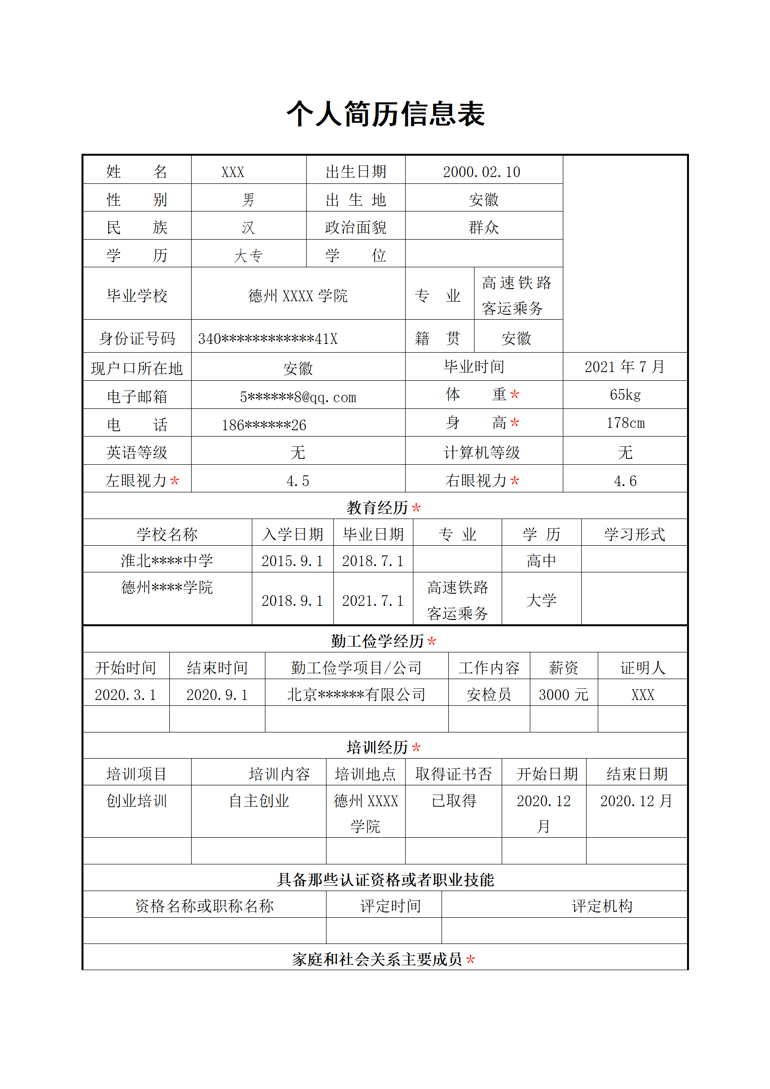 qiyee-000315高铁乘务客运安检相关职位求职简历模板/
