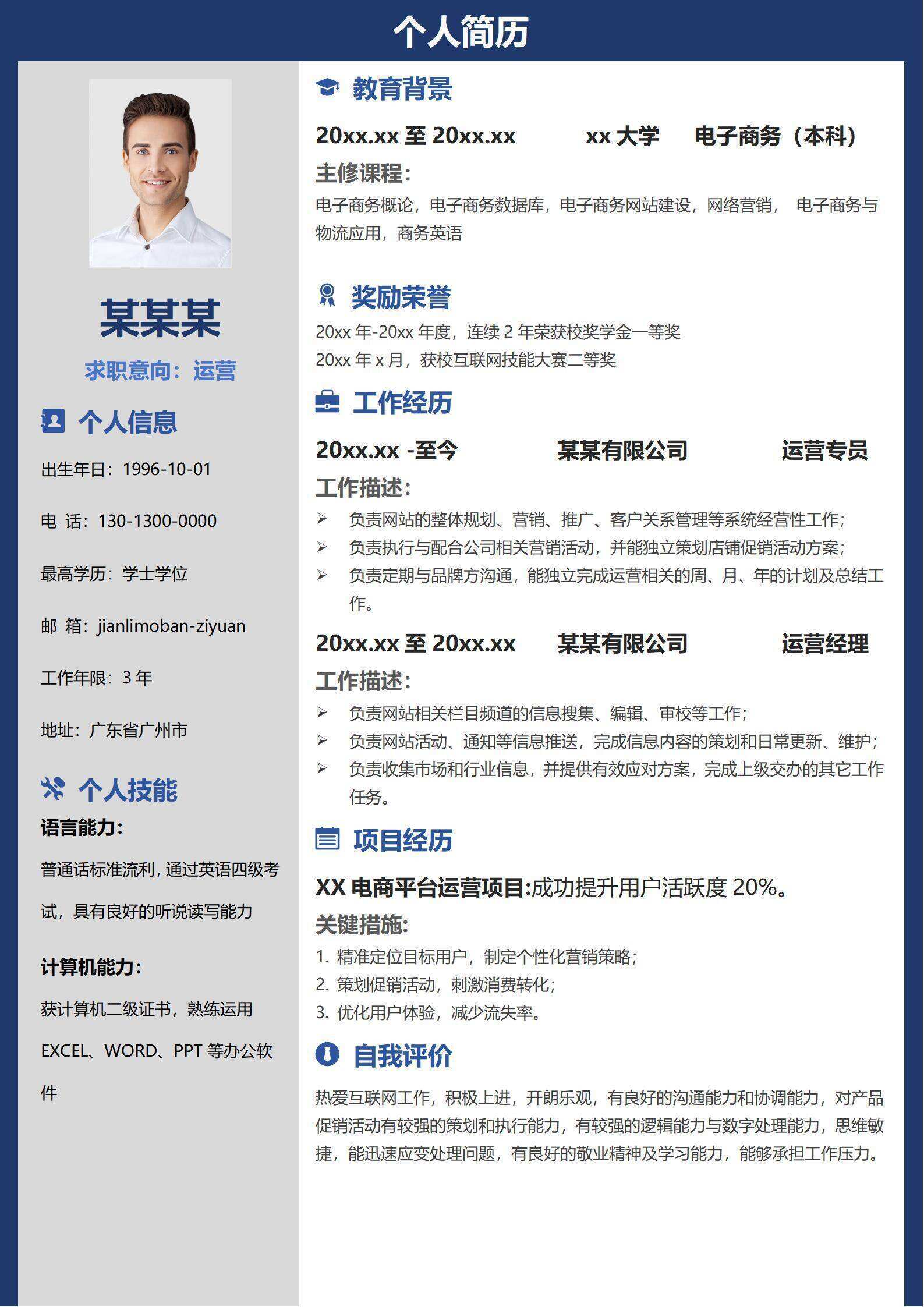 qiye-000226运营1-3年经验左右结构求职简历/