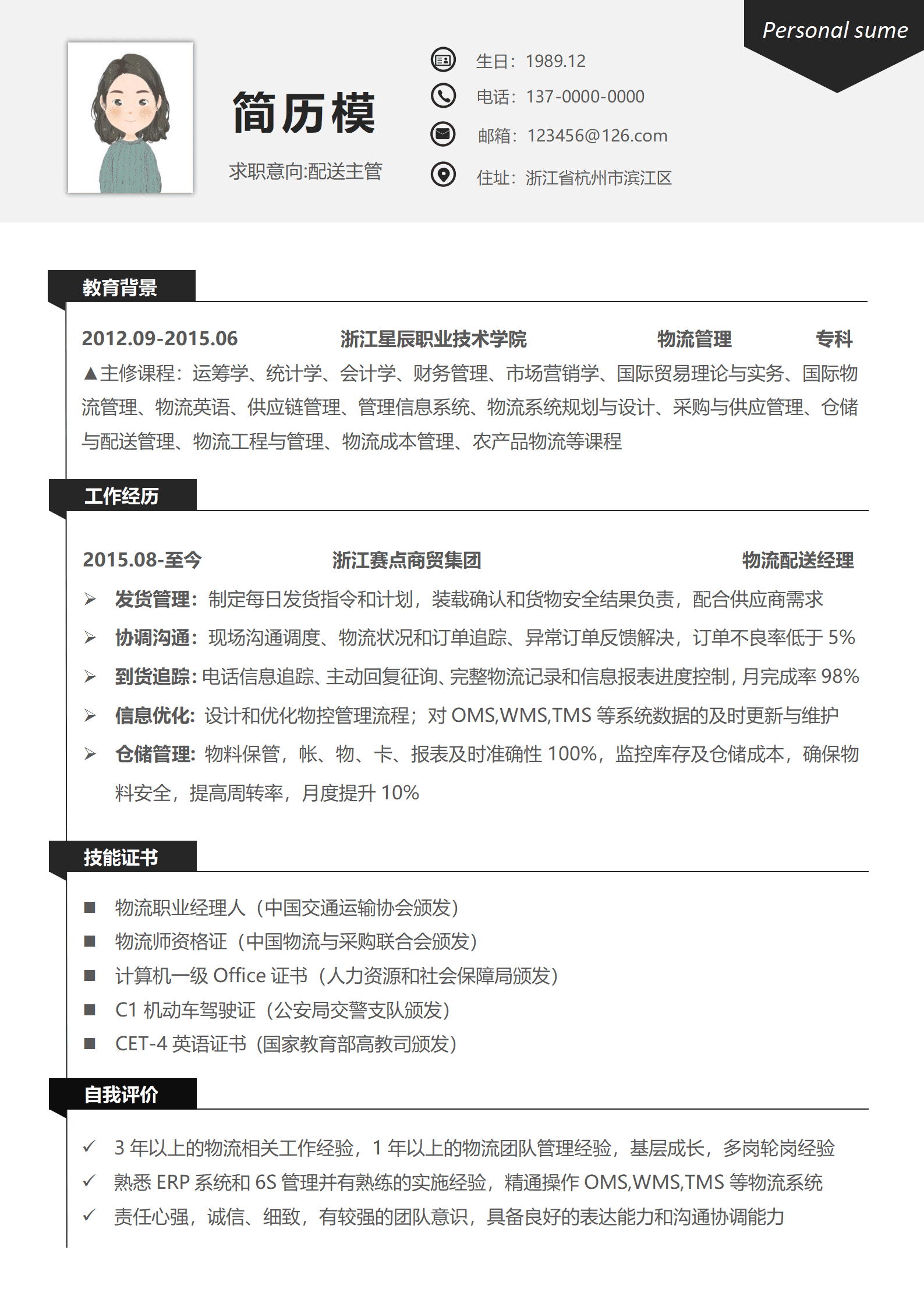 BYDS-000148盒马配送小哥应聘简历/