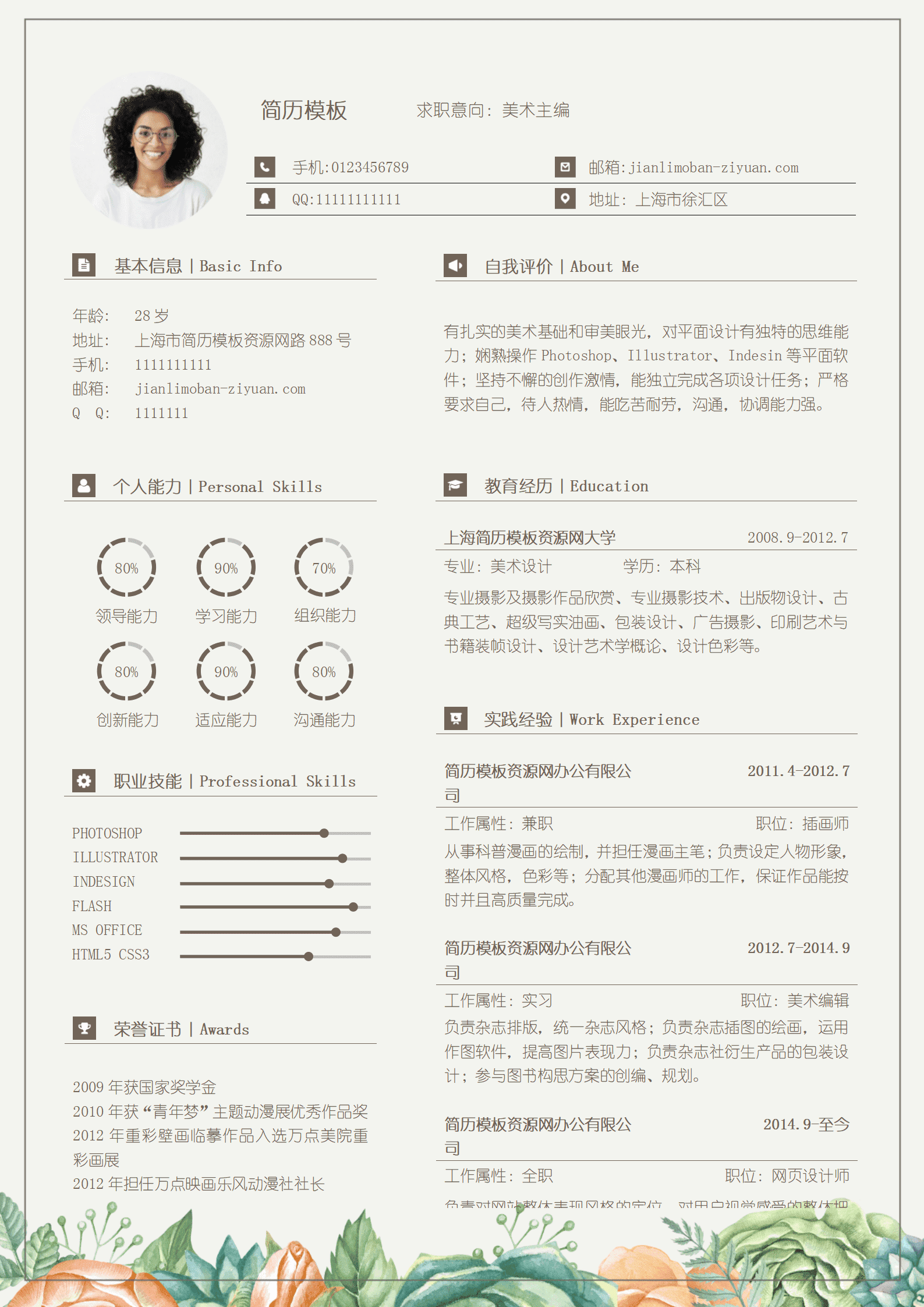 BYDE-000170唯美浪漫花朵美术编辑成套Word简历模板/