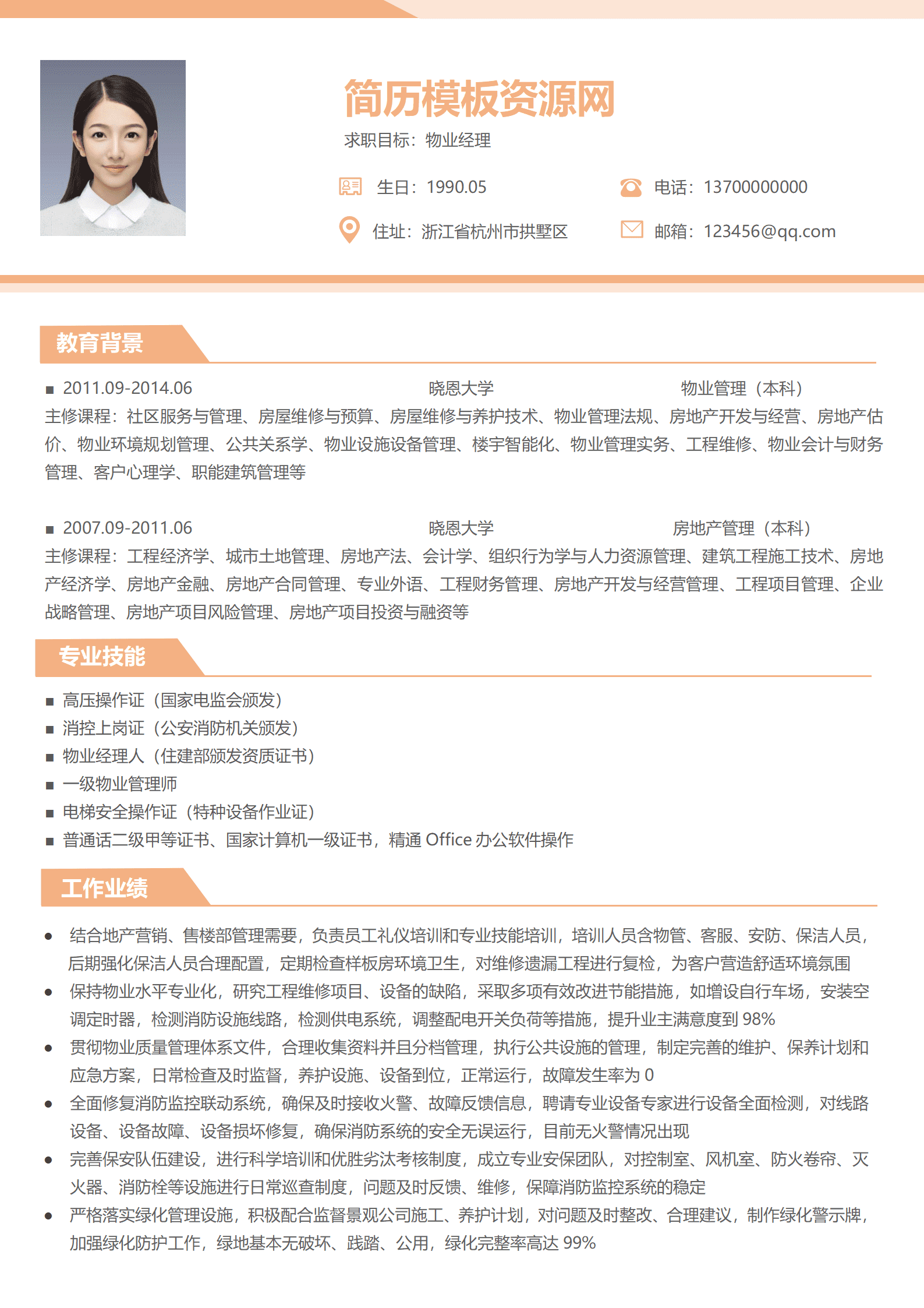 BYDS-000396物业综合主管简历模板/