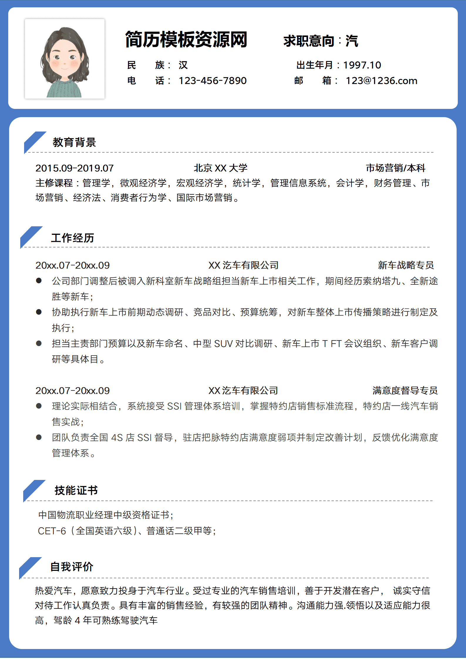 JYDe-000184汽车人销售简历模板/