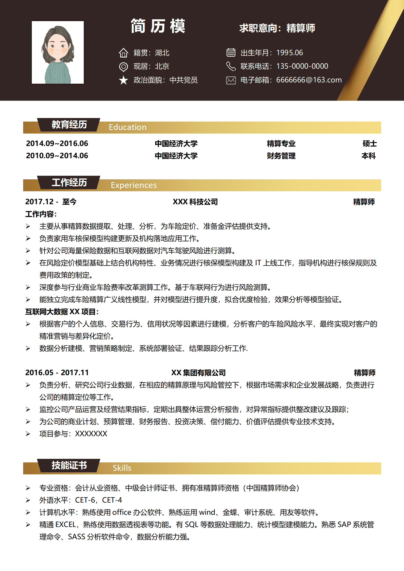 JYDS-00028首席精算师免费简历/