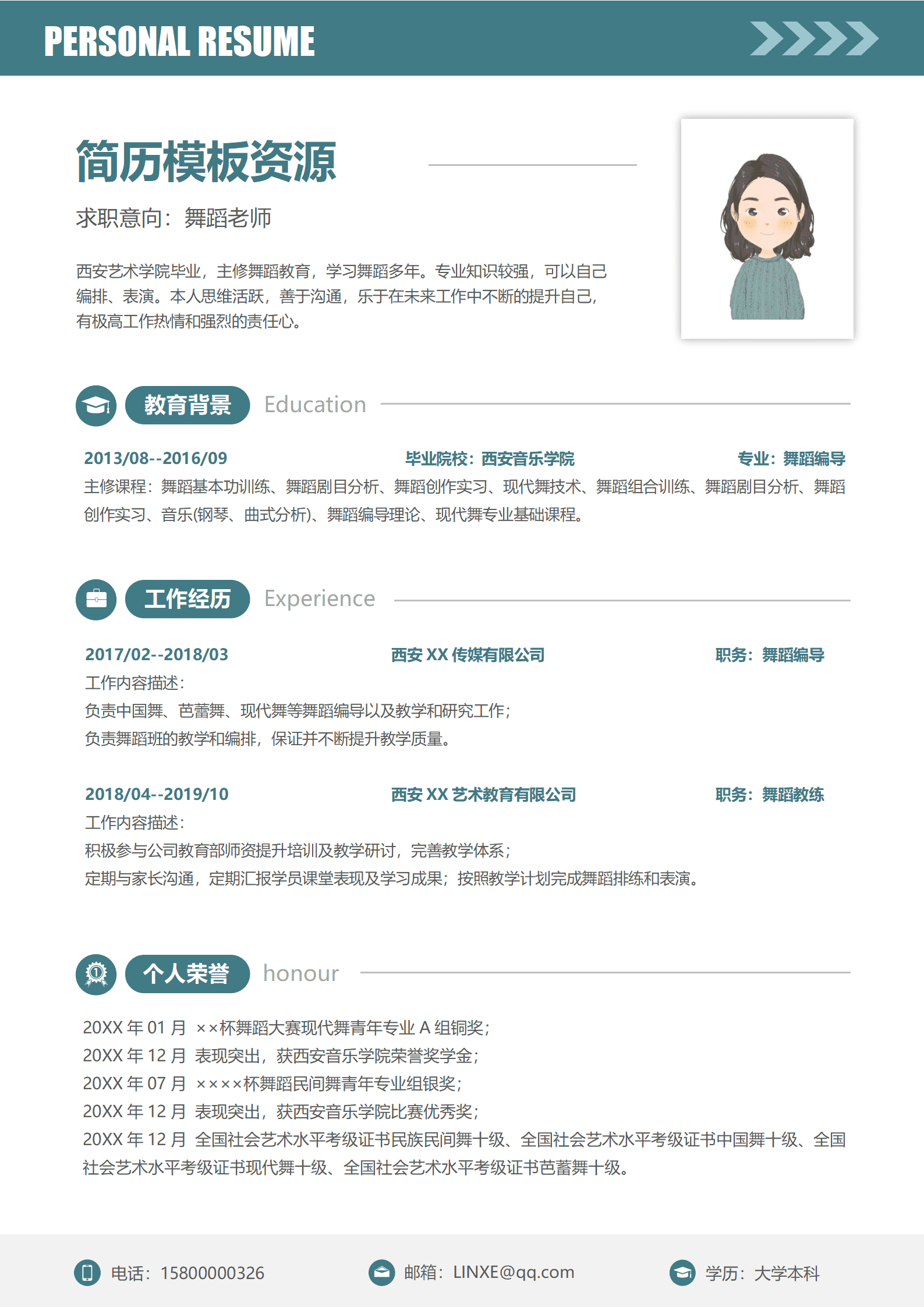 JYDS-000126舞蹈老师助理简历模板/