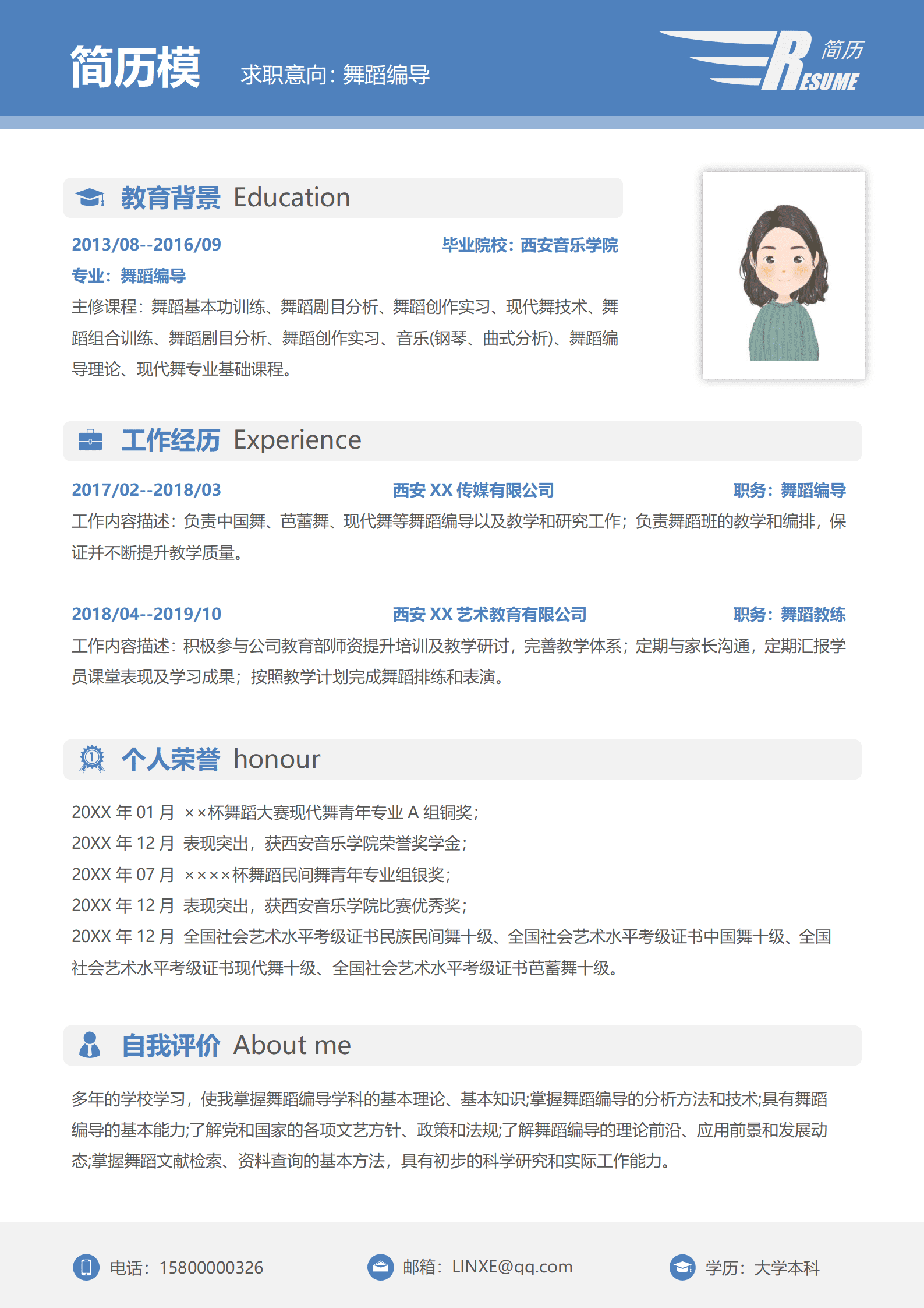 JYDS-000119舞蹈老师简历英文模板/